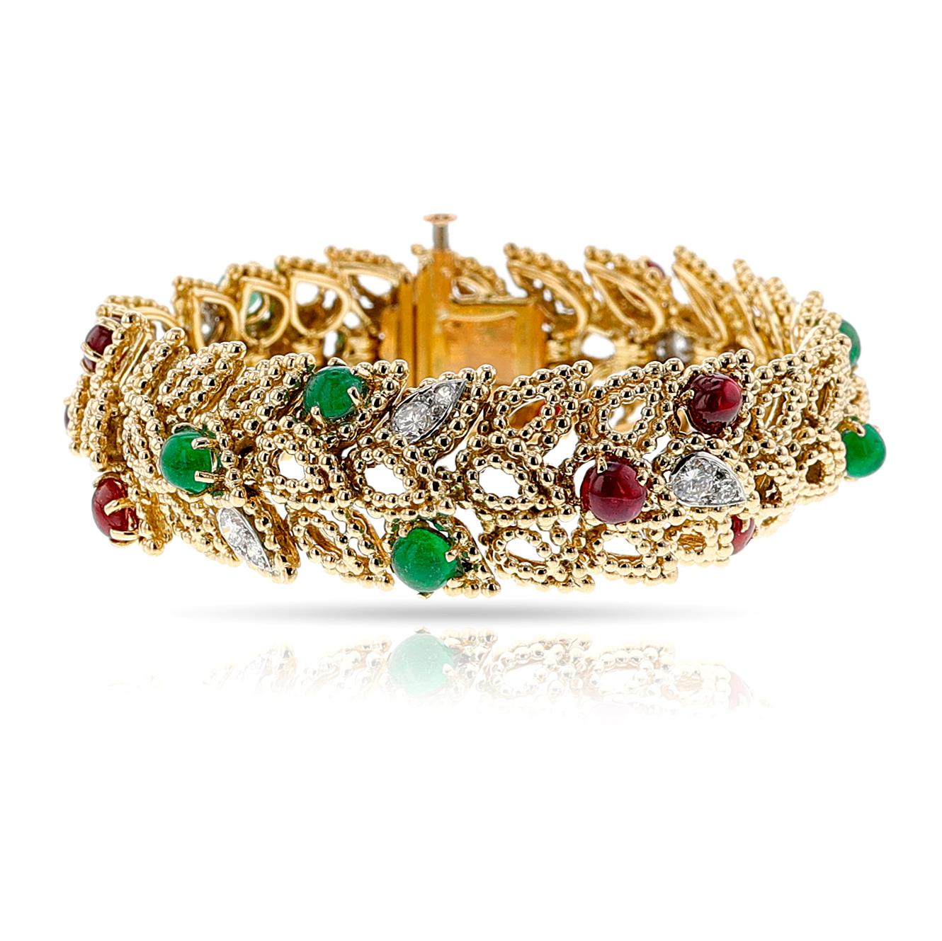 Cabochon Van Cleef & Arpels by Andre Vassort  Emerald, Ruby and Diamond Bracelet, 18k For Sale