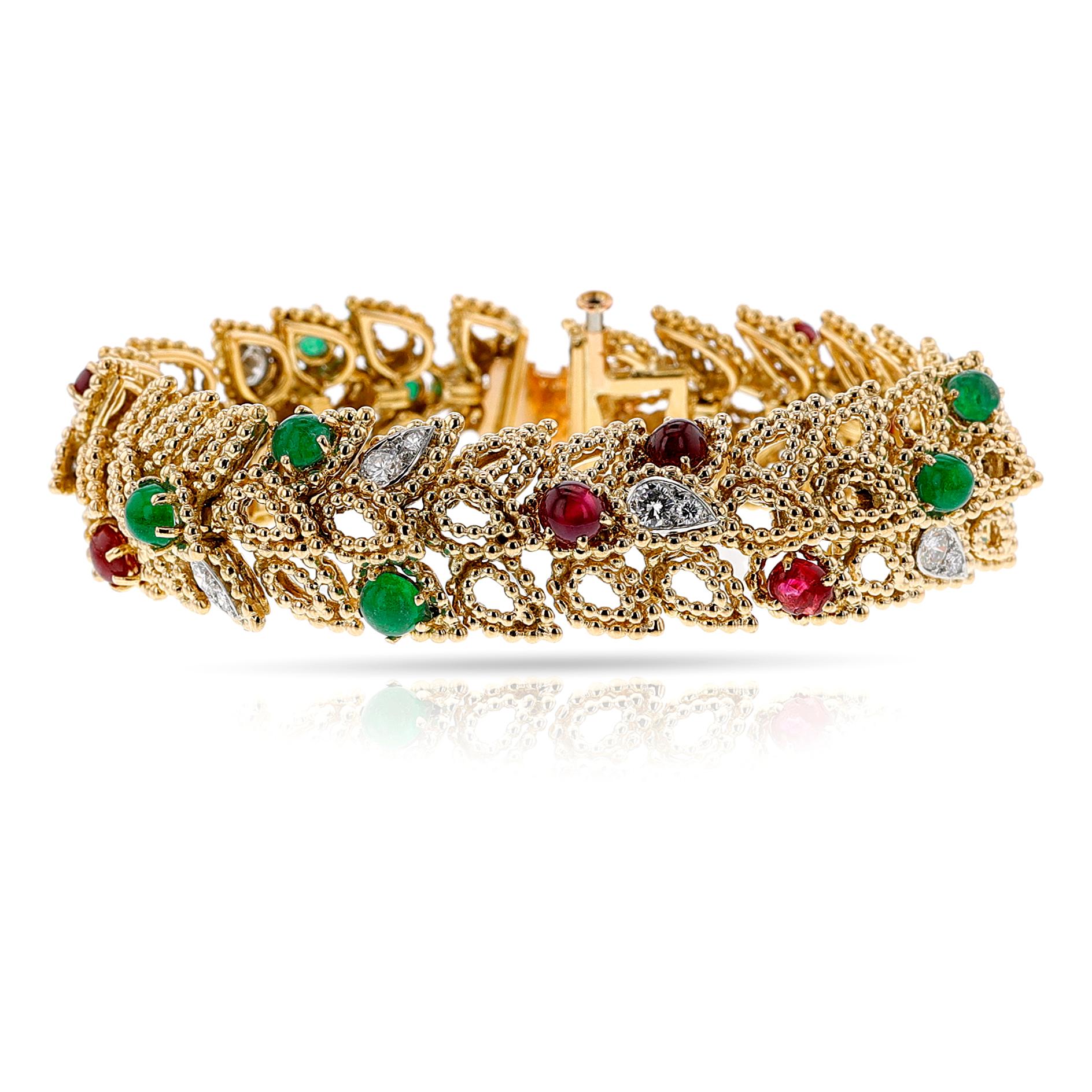 Women's or Men's Van Cleef & Arpels by Andre Vassort  Emerald, Ruby and Diamond Bracelet, 18k For Sale