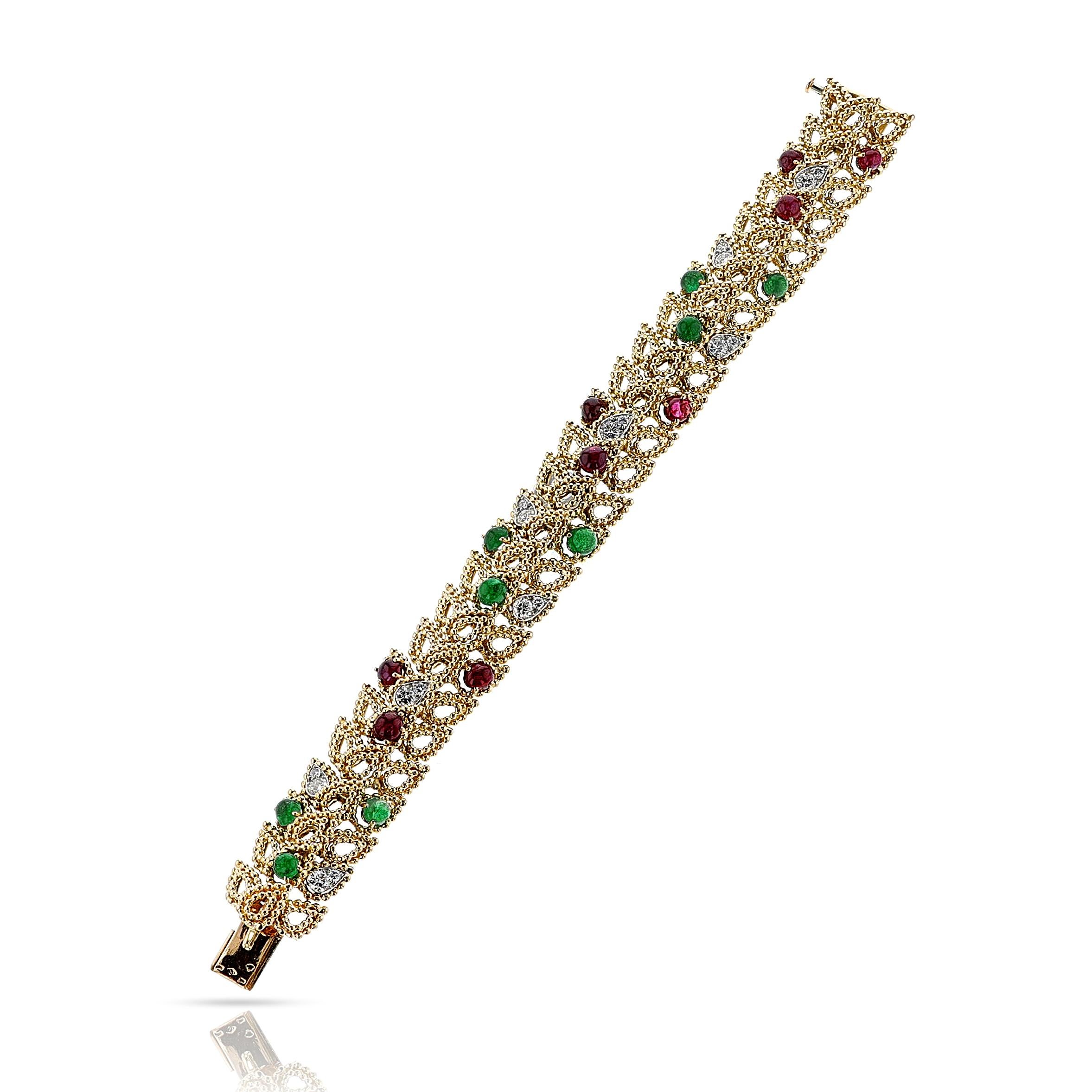 Van Cleef & Arpels by Andre Vassort  Emerald, Ruby and Diamond Bracelet, 18k For Sale 1