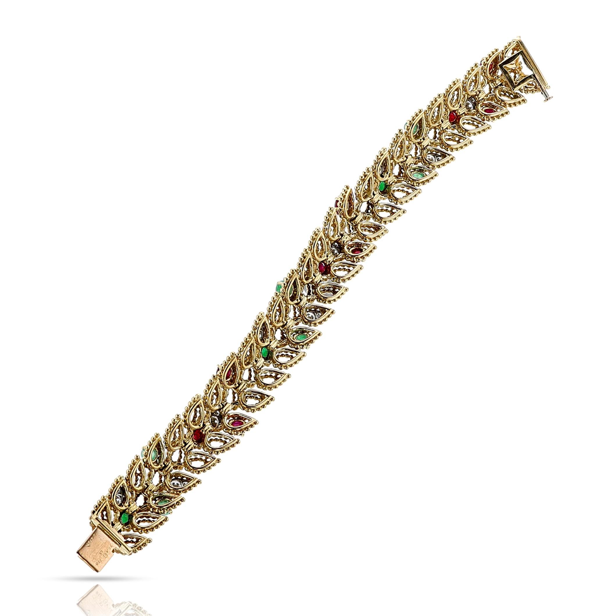 Van Cleef & Arpels by Andre Vassort  Emerald, Ruby and Diamond Bracelet, 18k For Sale 3
