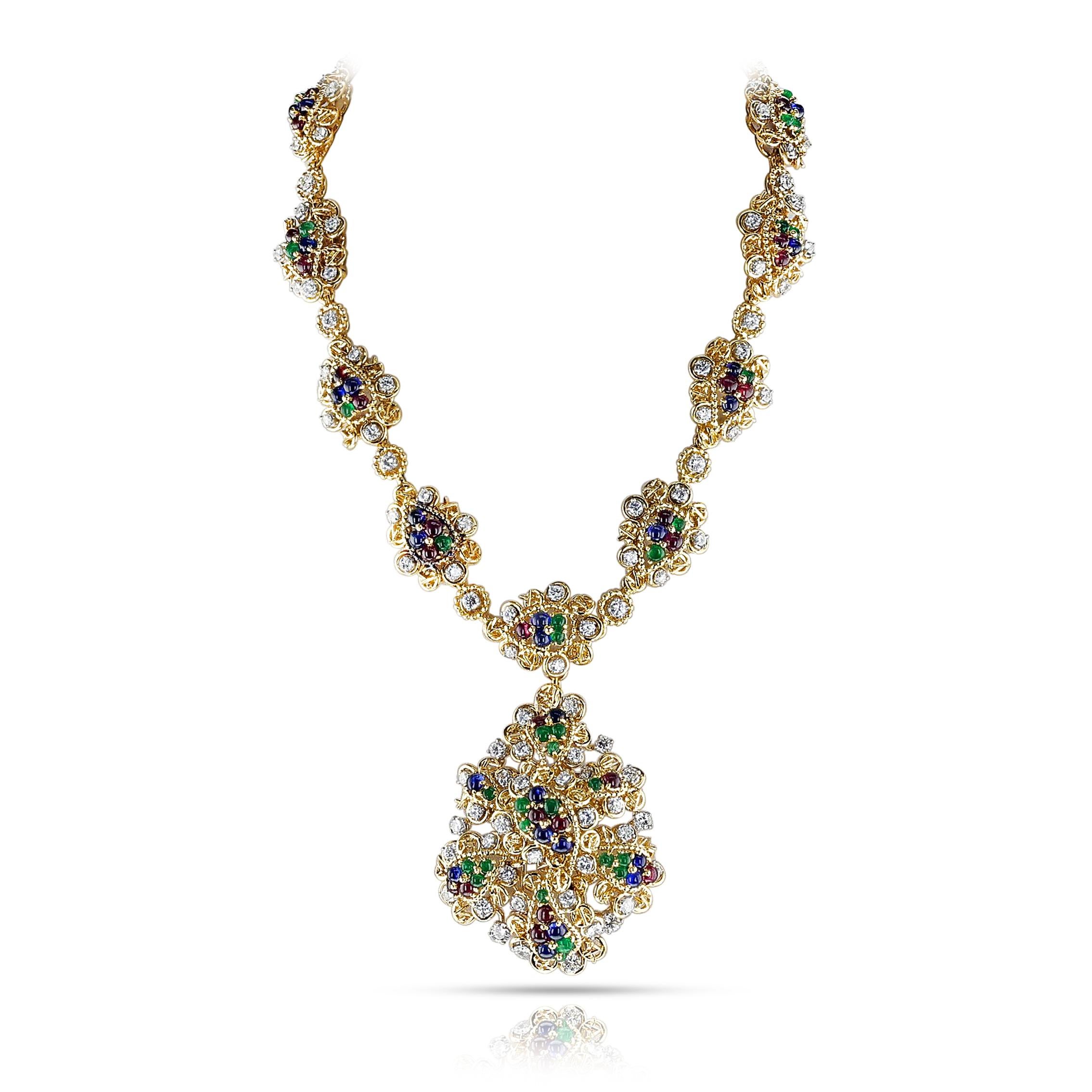 Van Cleef & Arpels by Andre Vassort Ruby, Emerald, Sapphire and Diamond Necklace In Excellent Condition For Sale In New York, NY