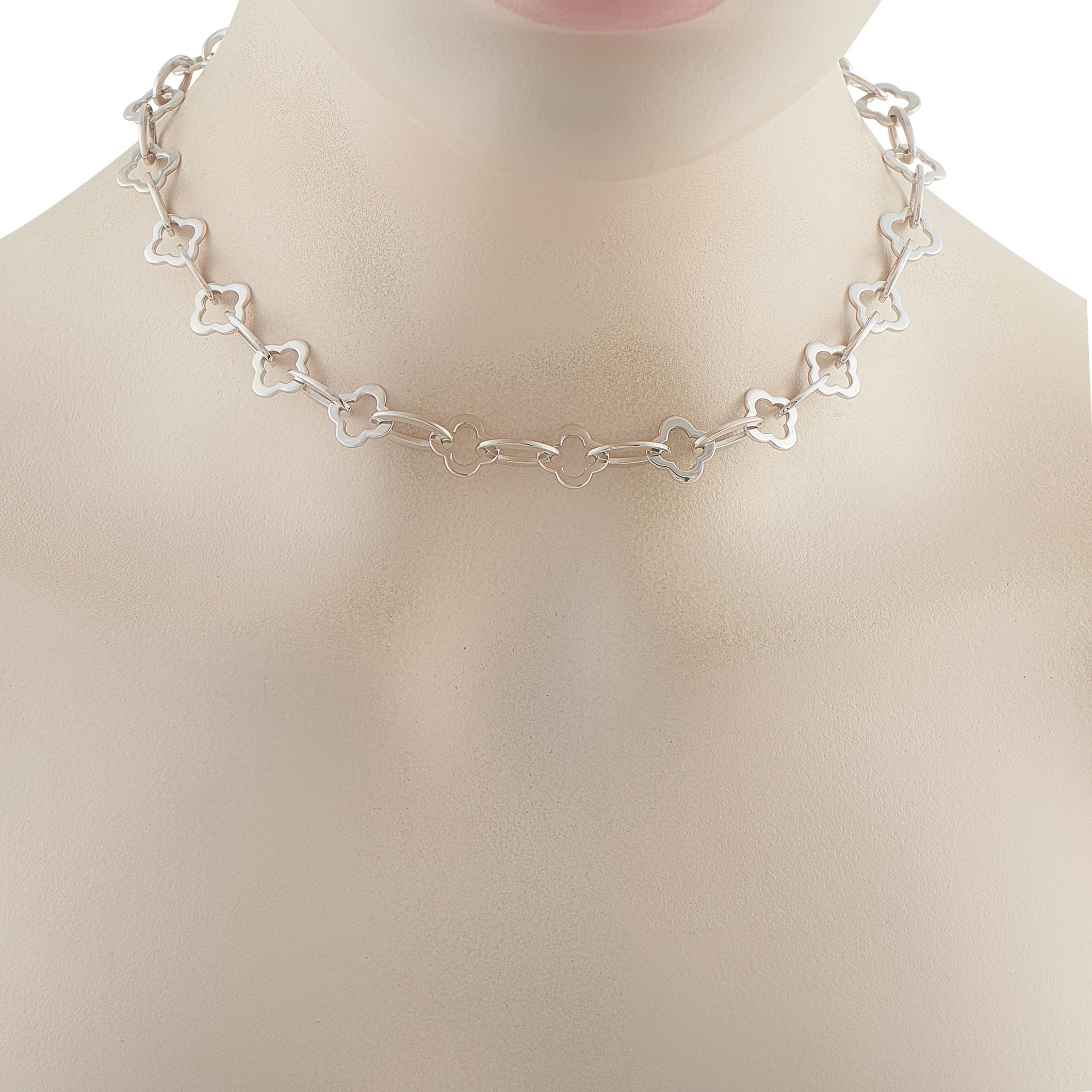 On this Van Cleef & Arpels Byzantine Alhambra necklace, the luxury brands classic clover motif takes on a new form. Interlocking links crafted from 18K White Gold make this elegant, understated necklace a chic addition to any jewelry collection. It