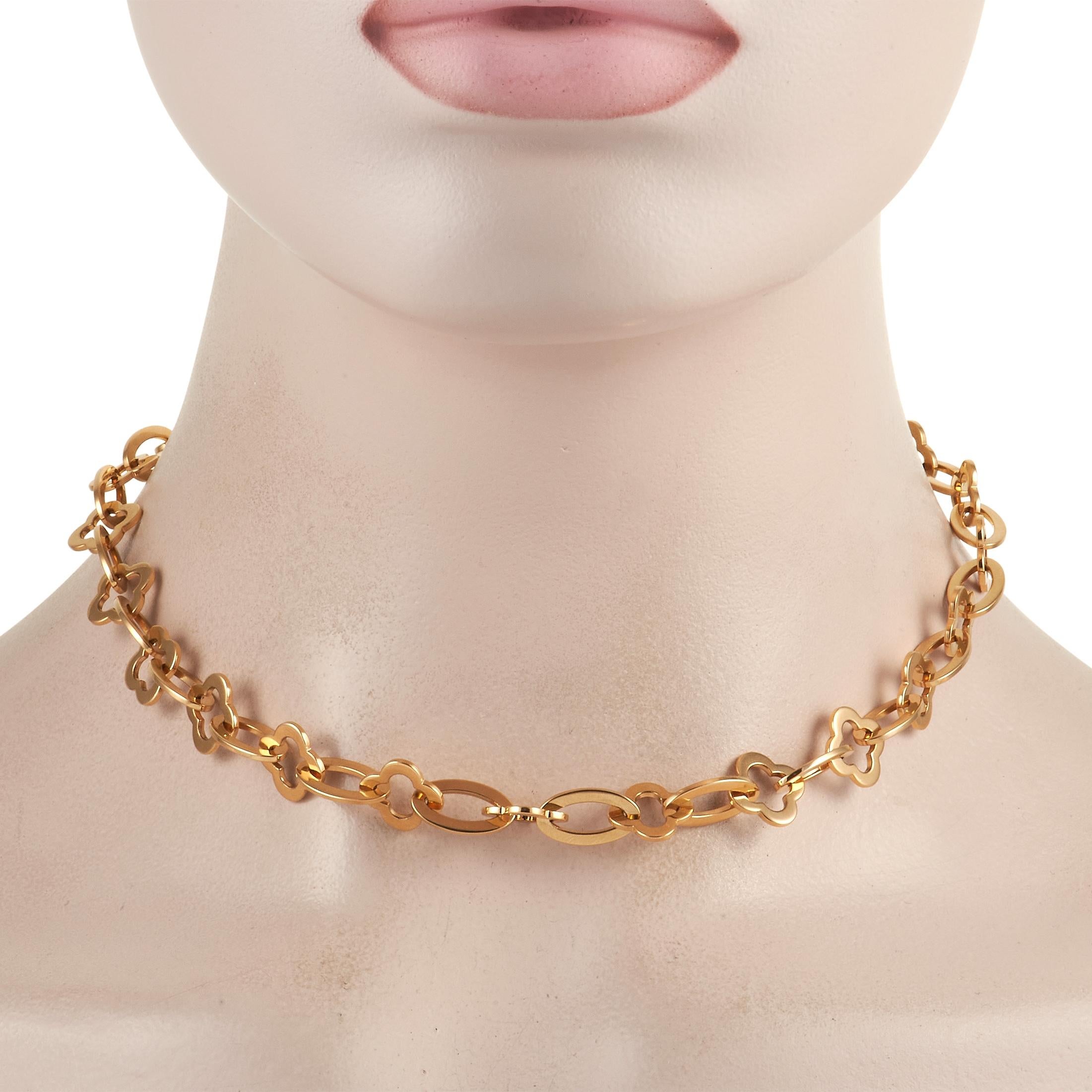 Give your outfits an interesting finish with this Van Cleef & Arpels 18K Yellow Gold Byzantine Alhambra Necklace. It features a chunky chain link design in yellow gold composed of alternating oval and clover-inspired Alhambra links. This necklace