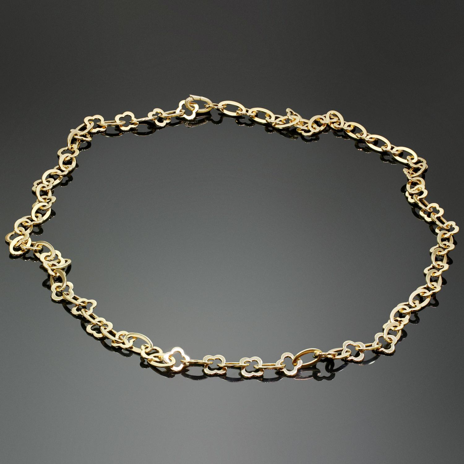 This classic long necklace from the iconic Byzantine Alhambra collection by Van Cleef & Arpels is crafted in 18k yellow gold and features a series of polished gold openwork Alhambra links, spaced by polished gold oval links. Made in France circa