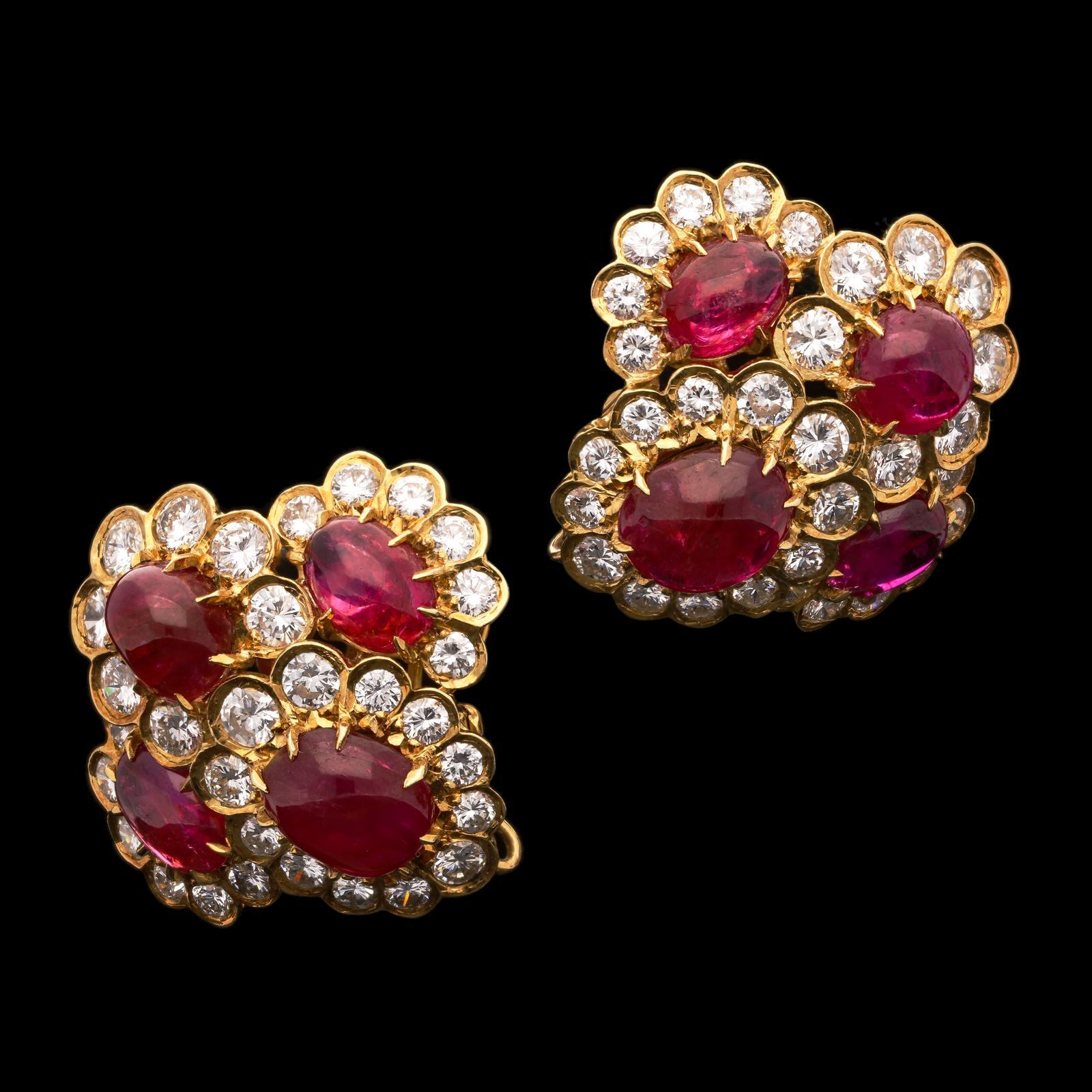Description
A fabulous pair of vintage Burmese ruby and diamond ear clips by Van Cleef & Arpels c.1972, each designed as a quadruple cluster of oval ruby cabochons in 18ct yellow gold claw settings surrounded by round brilliant cut diamonds in bezel