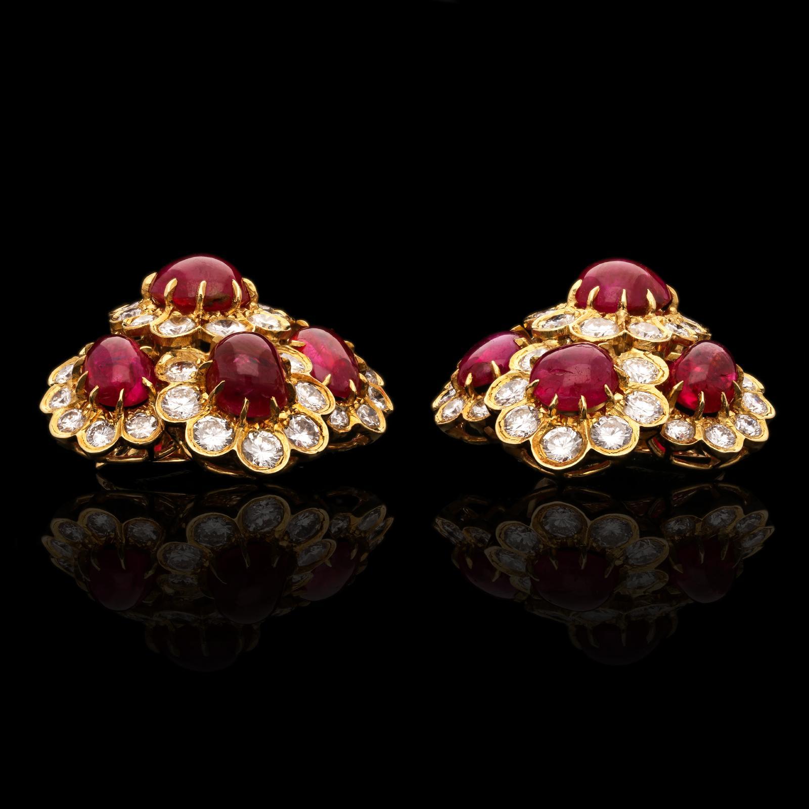 Van Cleef & Arpels, Cabochon Burma Ruby & Diamond Clusters Earrings, circa 1972 In Excellent Condition In London, GB