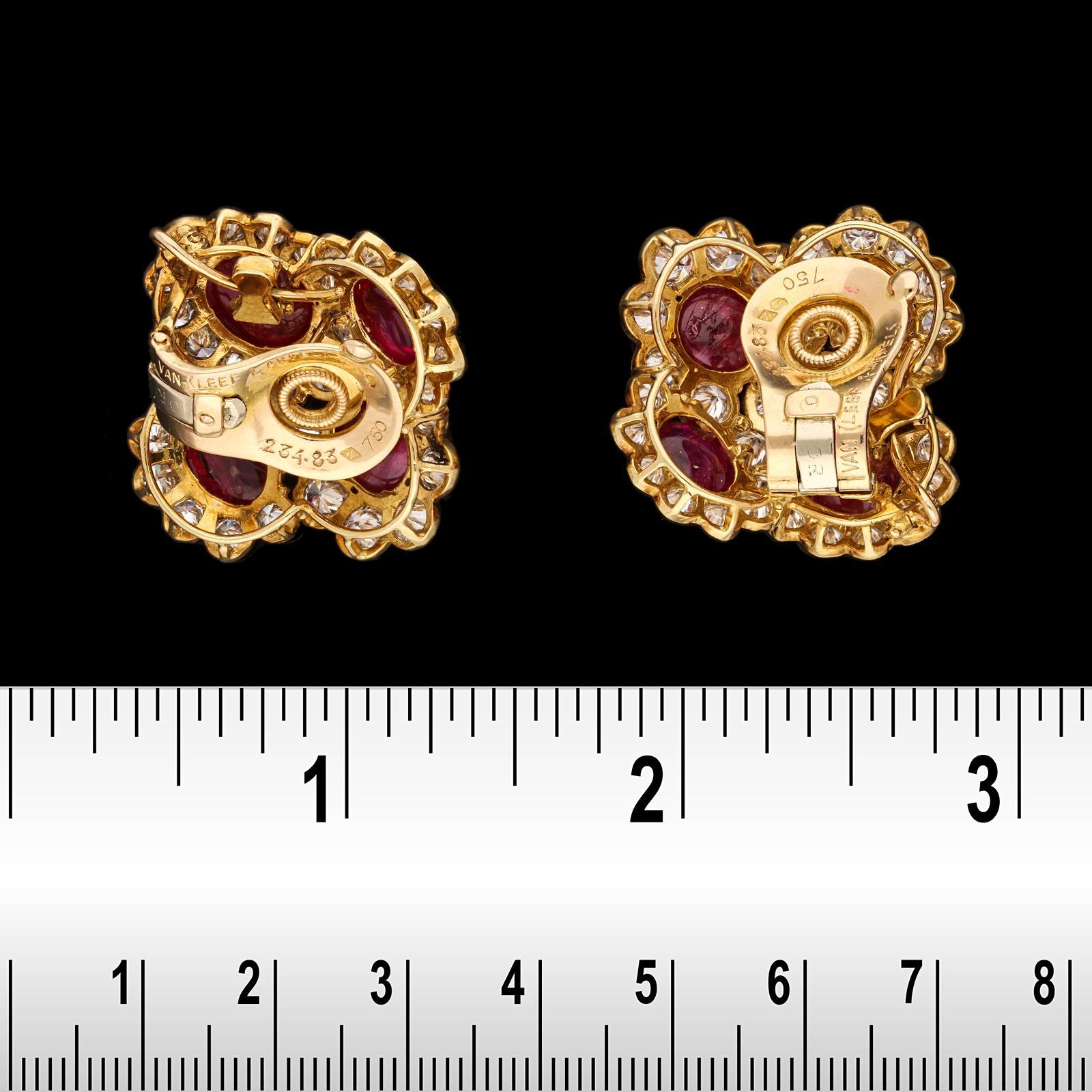 Van Cleef & Arpels, Cabochon Burma Ruby & Diamond Clusters Earrings, circa 1972 2