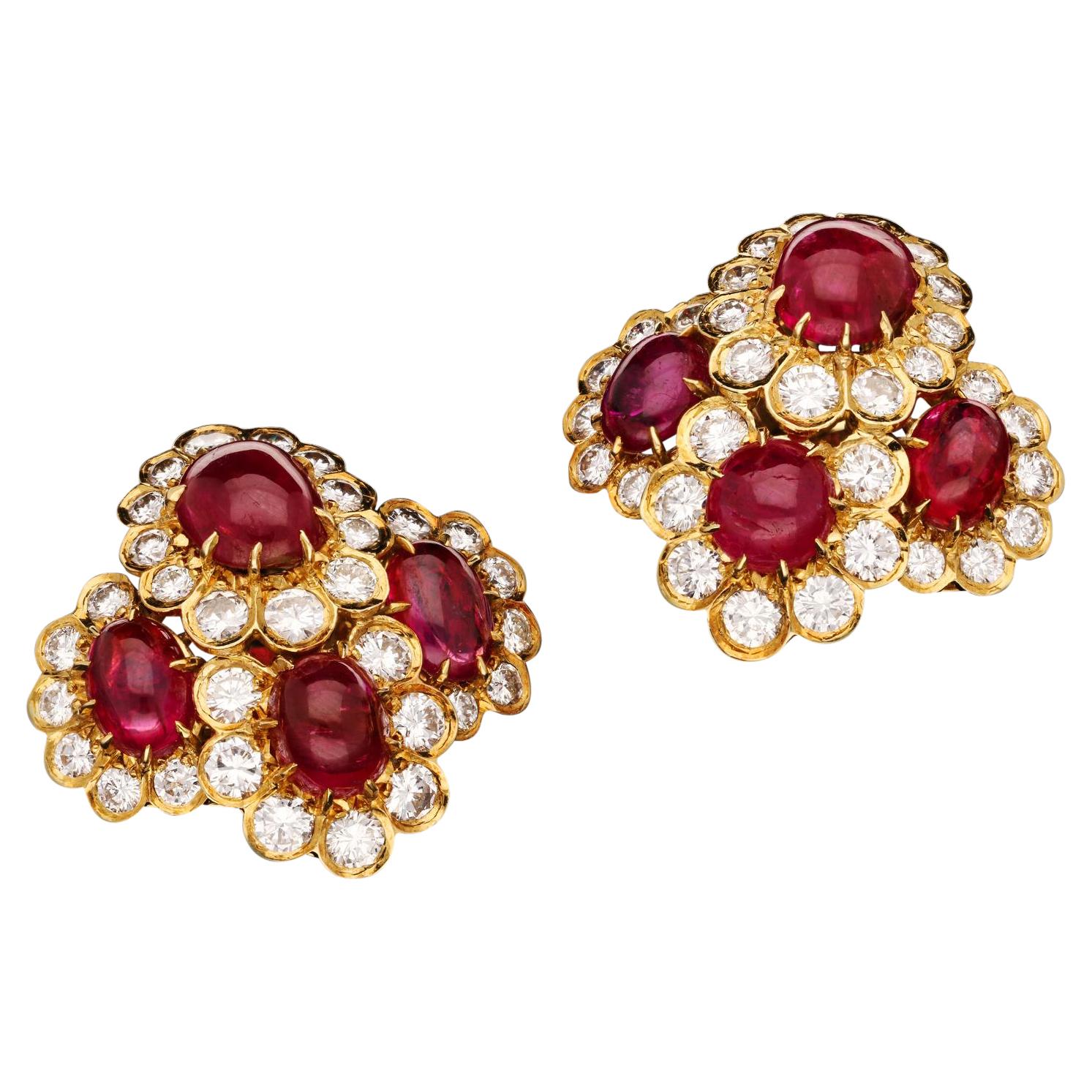 Van Cleef & Arpels, Cabochon Burma Ruby & Diamond Clusters Earrings, circa 1972