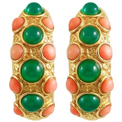 Van Cleef & Arpels Cabochon Coral Chrysoprase Yellow Gold Hoop Ear Clips