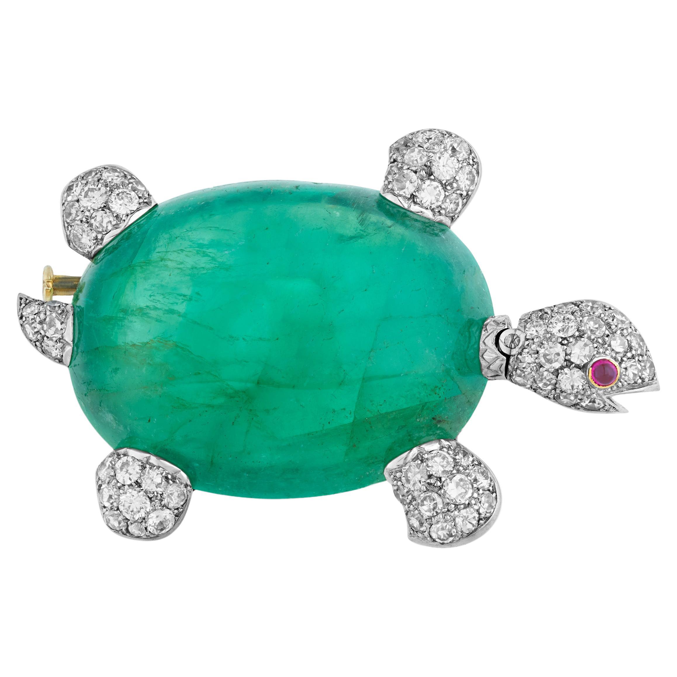 Van Cleef & Arpels Cabochon Emerald Turtle Brooch, 63.64 carats For Sale