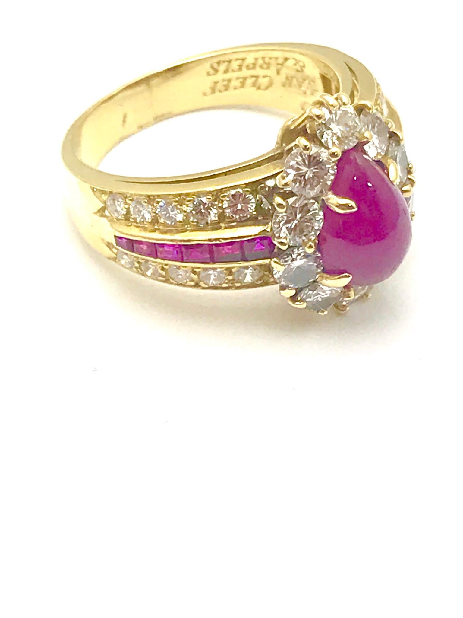 Revival Van Cleef & Arpels Cabochon Ruby and Diamond Yellow Gold Ring