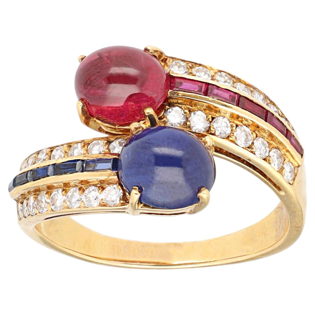 VAN CLEEF & ARPELS Cabochon Ruby and Sapphire "Vous et Moi" Bypass Ring