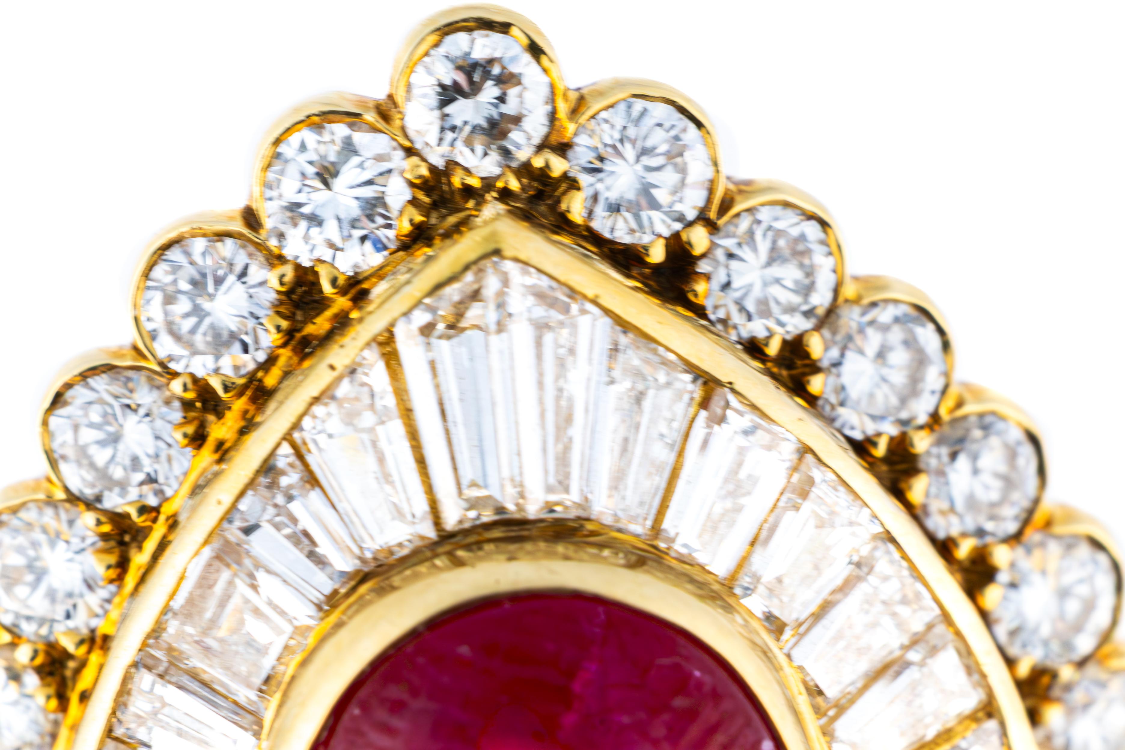 Van Cleef & Arpels Cabochon Ruby & Diamond Clip on Earrings

These elegant Van Cleef & Arpels clip-on earrings showcase a central cabochon ruby, framed by a stunning array of baguette and round diamonds. The rubies measure approximately 15.2 x 10.1