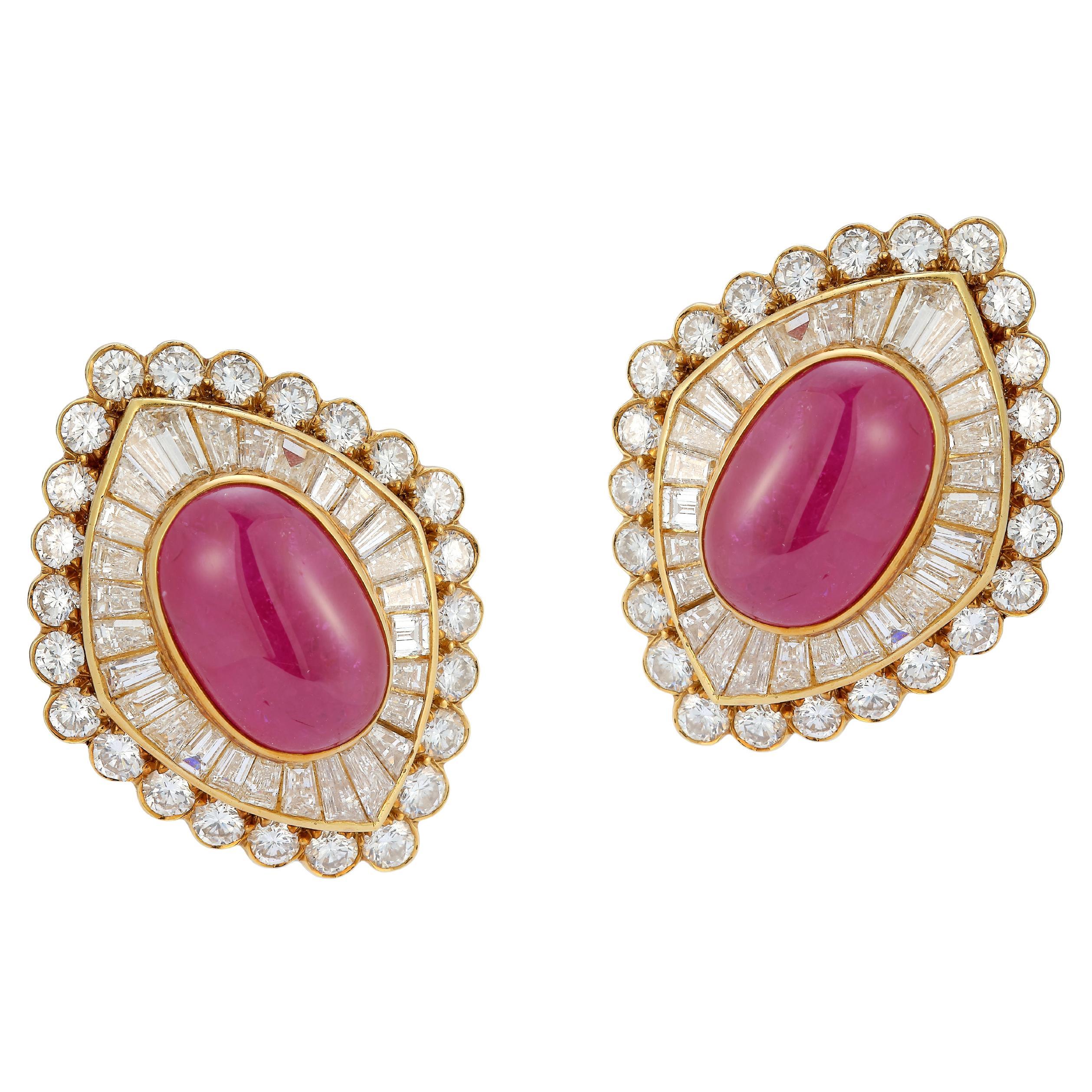 Van Cleef & Arpels Cabochon Ruby & Diamond Clip on Earrings
