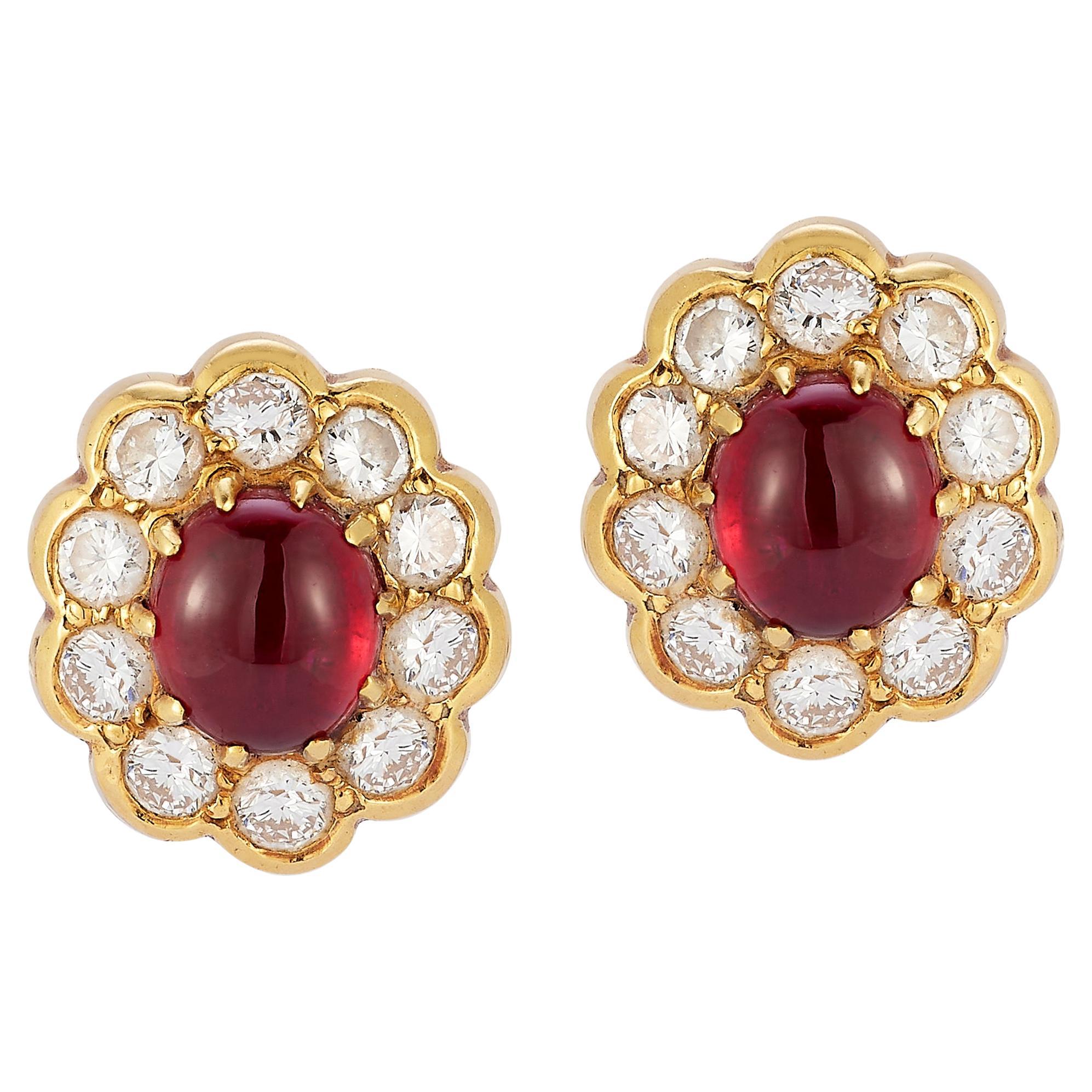 Van Cleef & Arpels Cabochon Ruby & Diamond Earrings For Sale