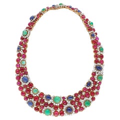 Used Van Cleef & Arpels Cabochon Ruby, Emerald, Sapphire and Diamond Necklace