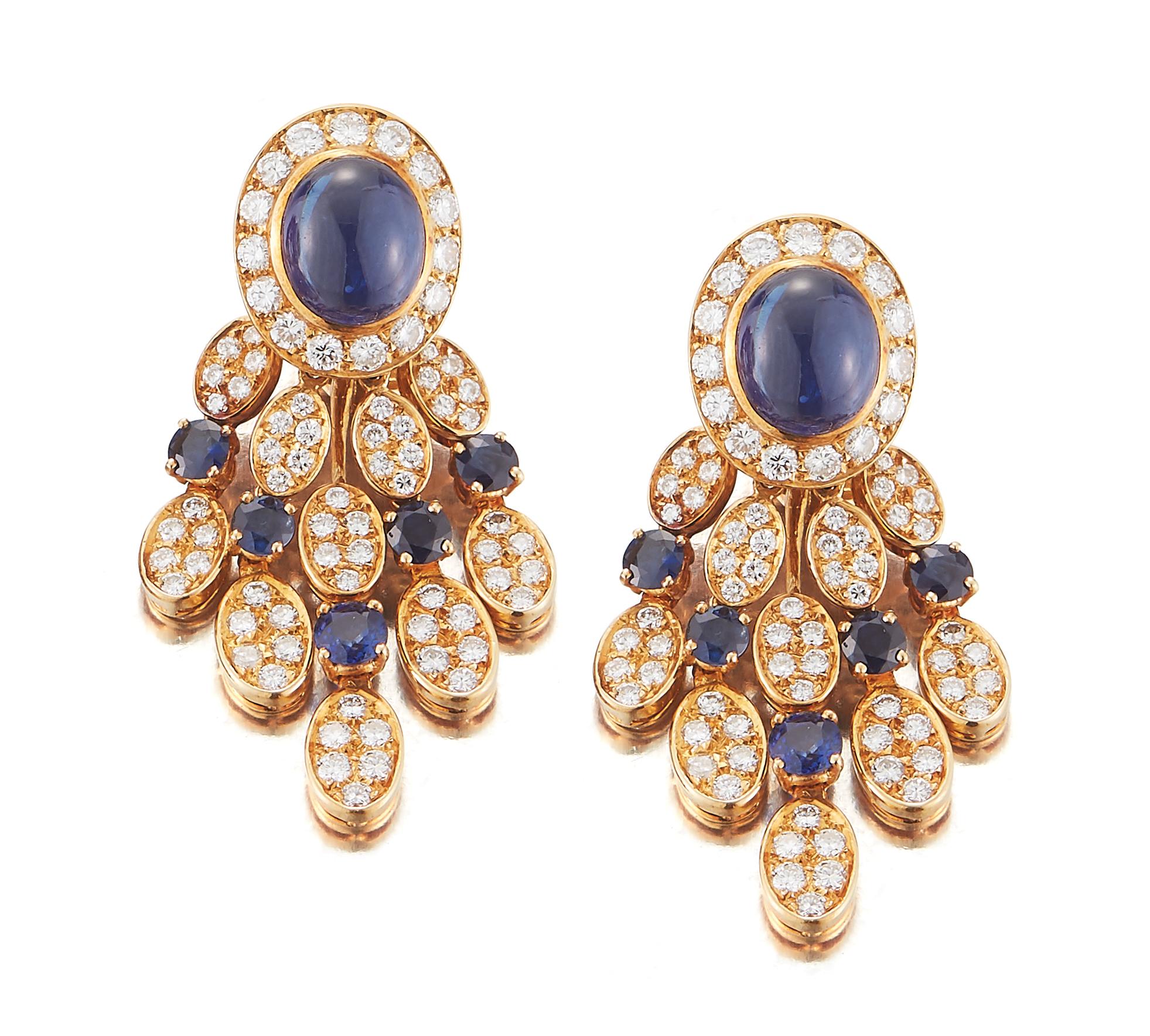 Van Cleef & Arpels Cabochon Sapphire Diamond Necklace Bracelet Earring Set im Zustand „Hervorragend“ in New York, NY