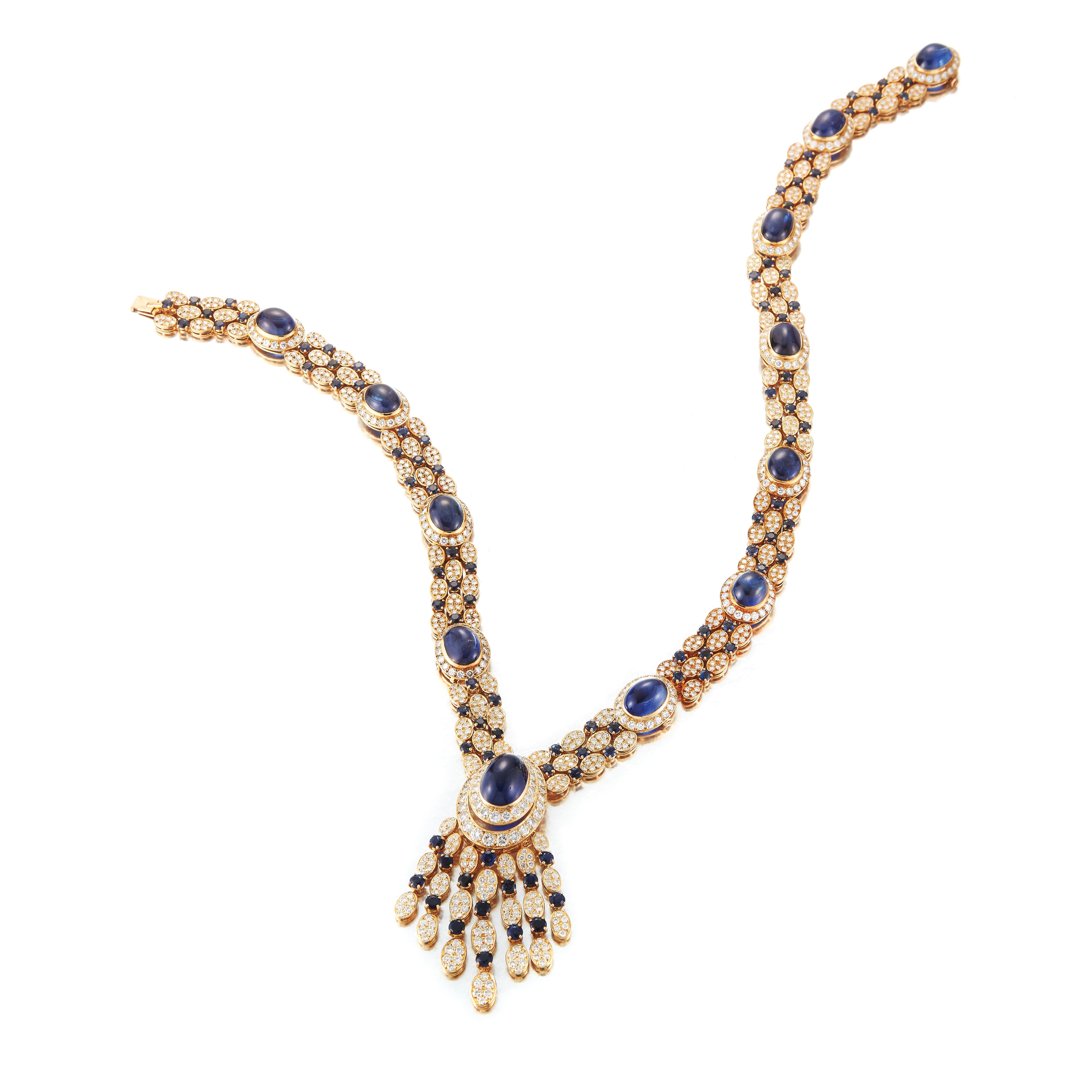 Van Cleef & Arpels Cabochon Sapphire Diamond Necklace Bracelet Earring Set