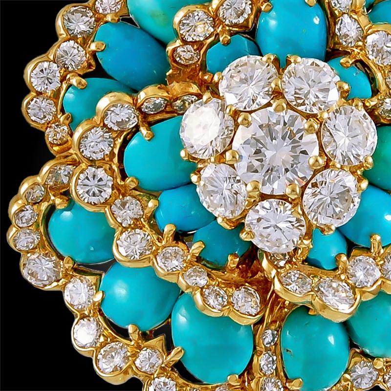 Modern Van Cleef & Arpels  Cabochon Turquoise Diamond Camelia Brooch