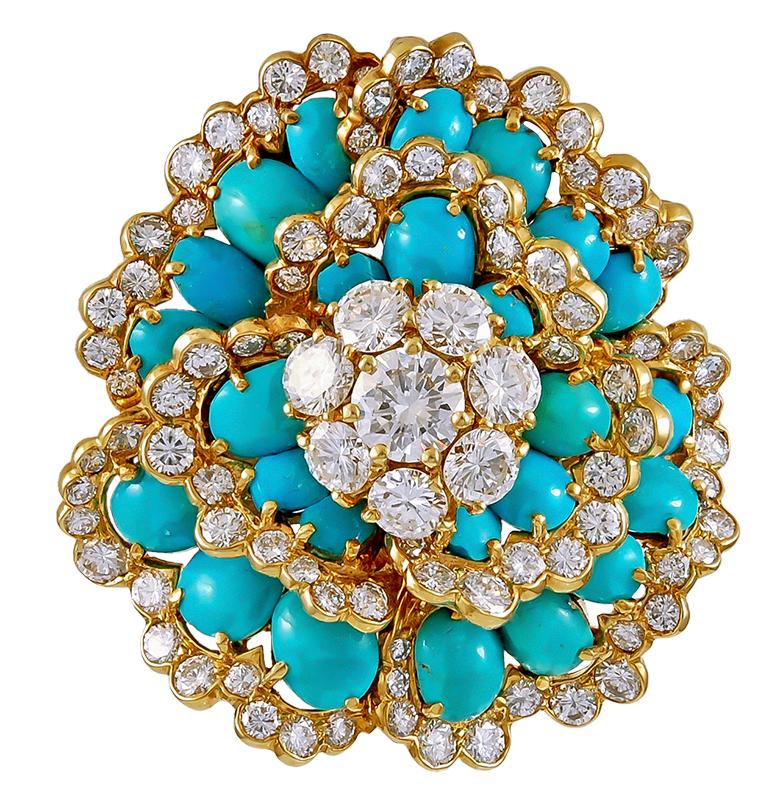 Van Cleef & Arpels  Cabochon Turquoise Diamond Camelia Brooch