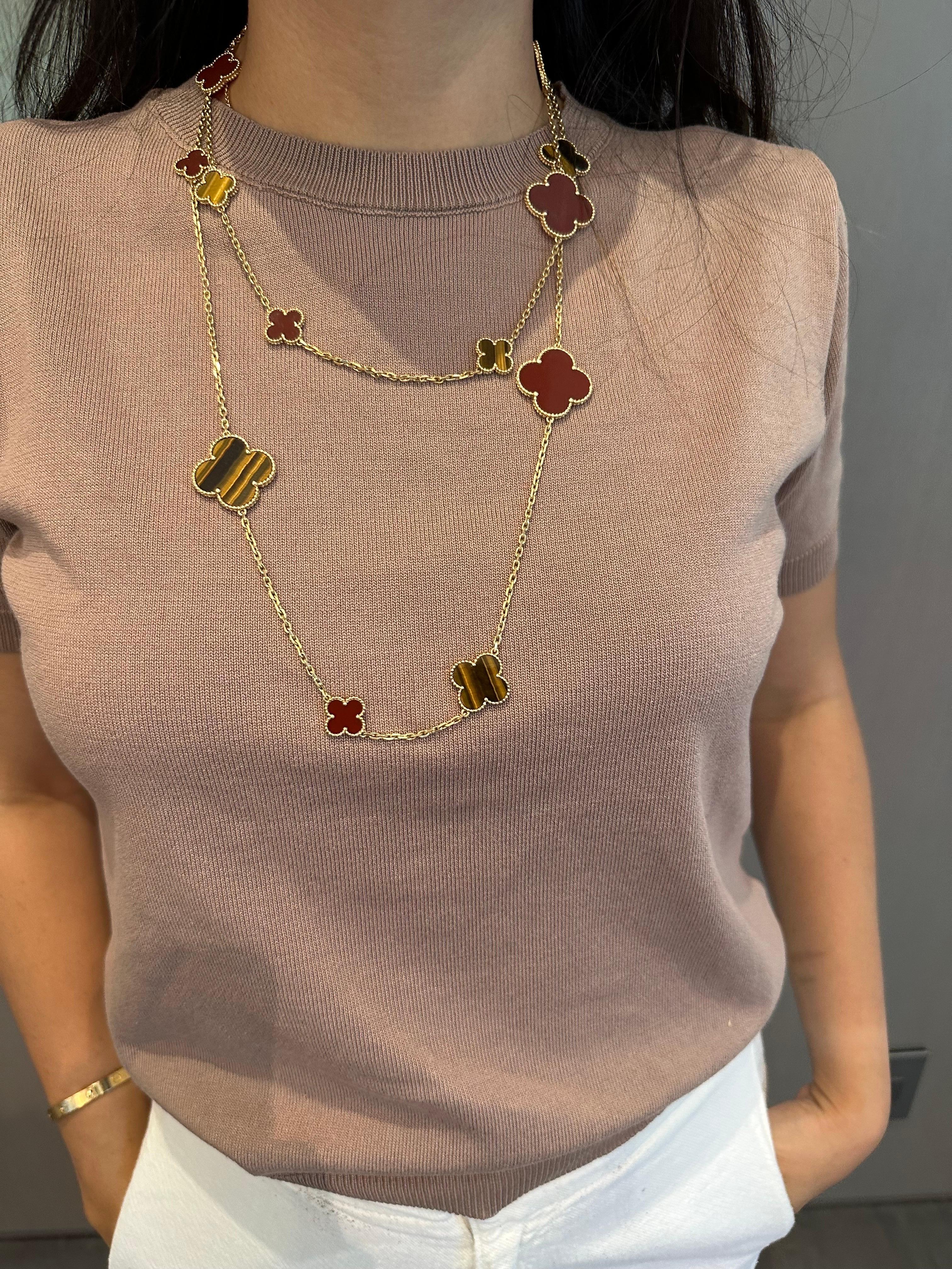 Uncut Van Cleef & Arpels Carnelian and Tiger's Eye 'Magic Alhambra' Necklace For Sale