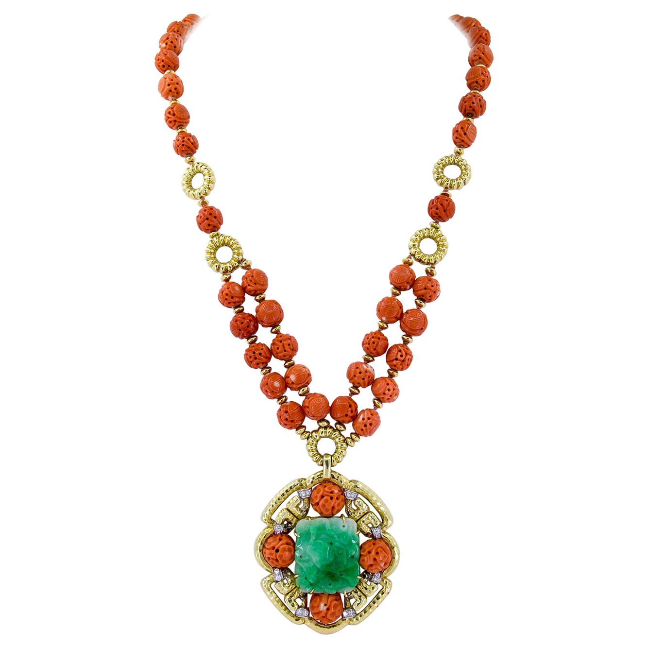 Van Cleef & Arpels Carved Coral Beads, Jade, Diamond Necklace