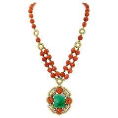 Used Van Cleef & Arpels Carved Coral Beads, Jade, Diamond Necklace