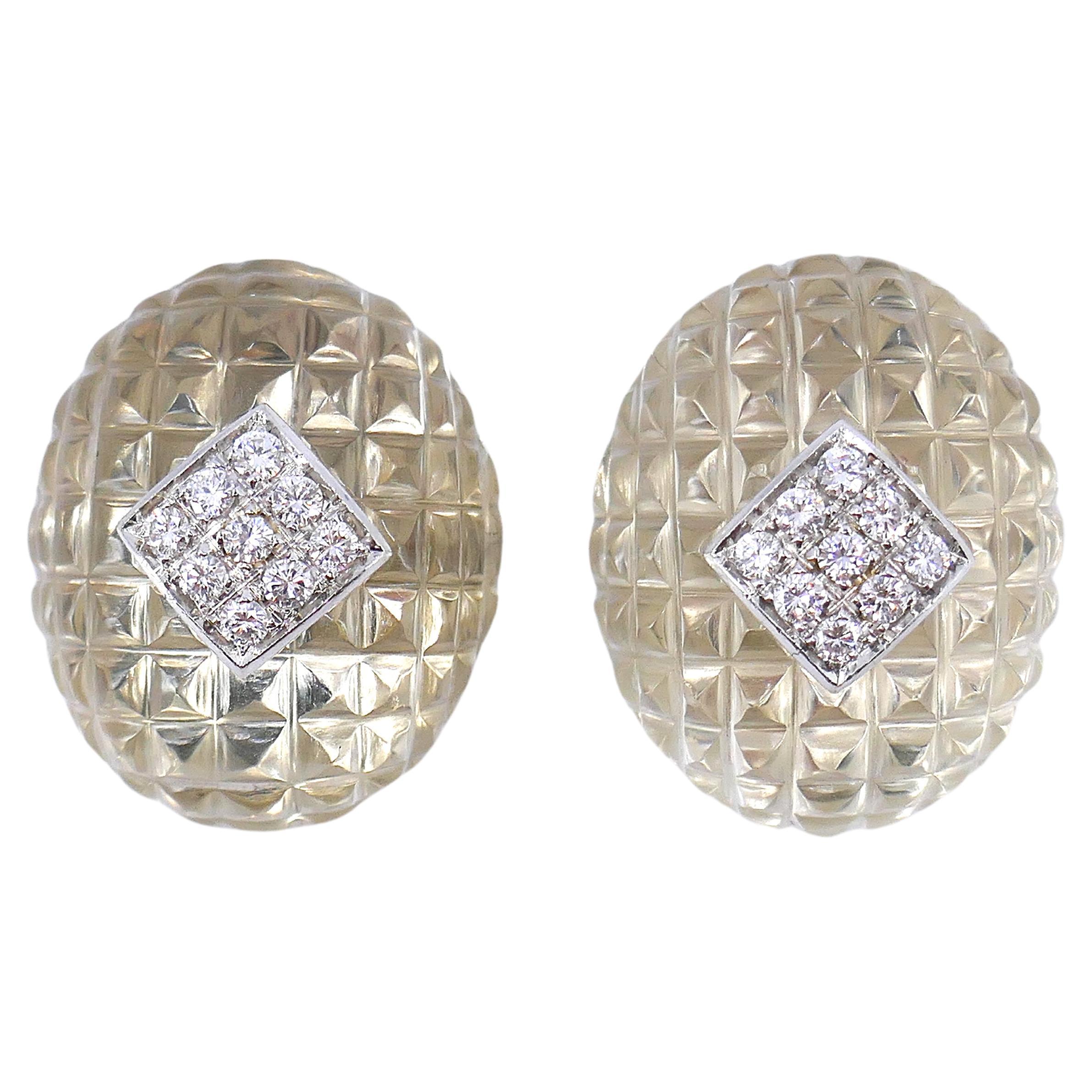 Van Cleef & Arpels Carved Crystal and Diamond Earrings clip-on For Sale