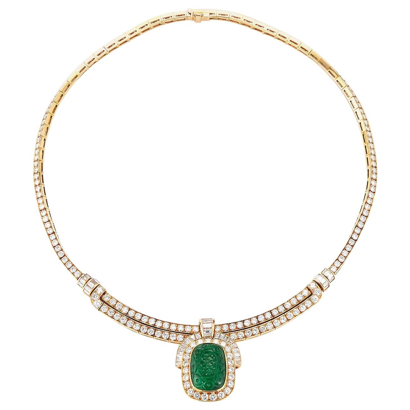 Van Cleef & Arpels Carved Emerald and Diamond Necklace