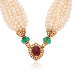VAN CLEEF & ARPELS Carved Emerald, Cabochon Ruby, Diamond and Pearl Necklace