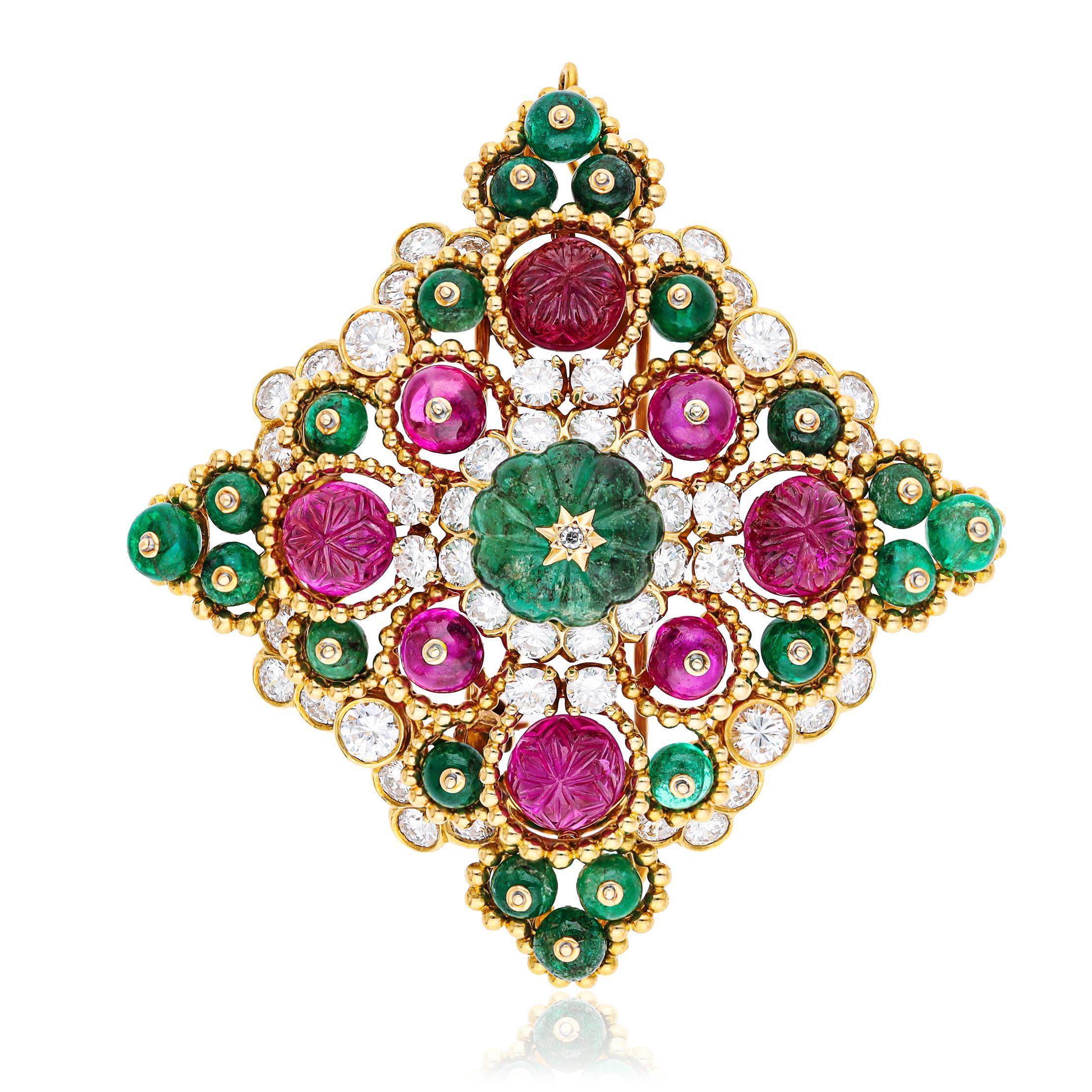VAN CLEEF & ARPELS Carved Emerald, Ruby, Emerald & Ruby Bead, And Diamond Brooch For Sale