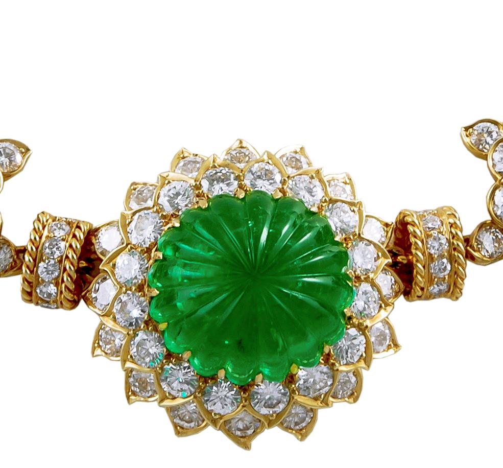Mixed Cut Van Cleef & Arpels Carved Emerald, Ruby, Diamond Necklace-Bracelet Combination For Sale
