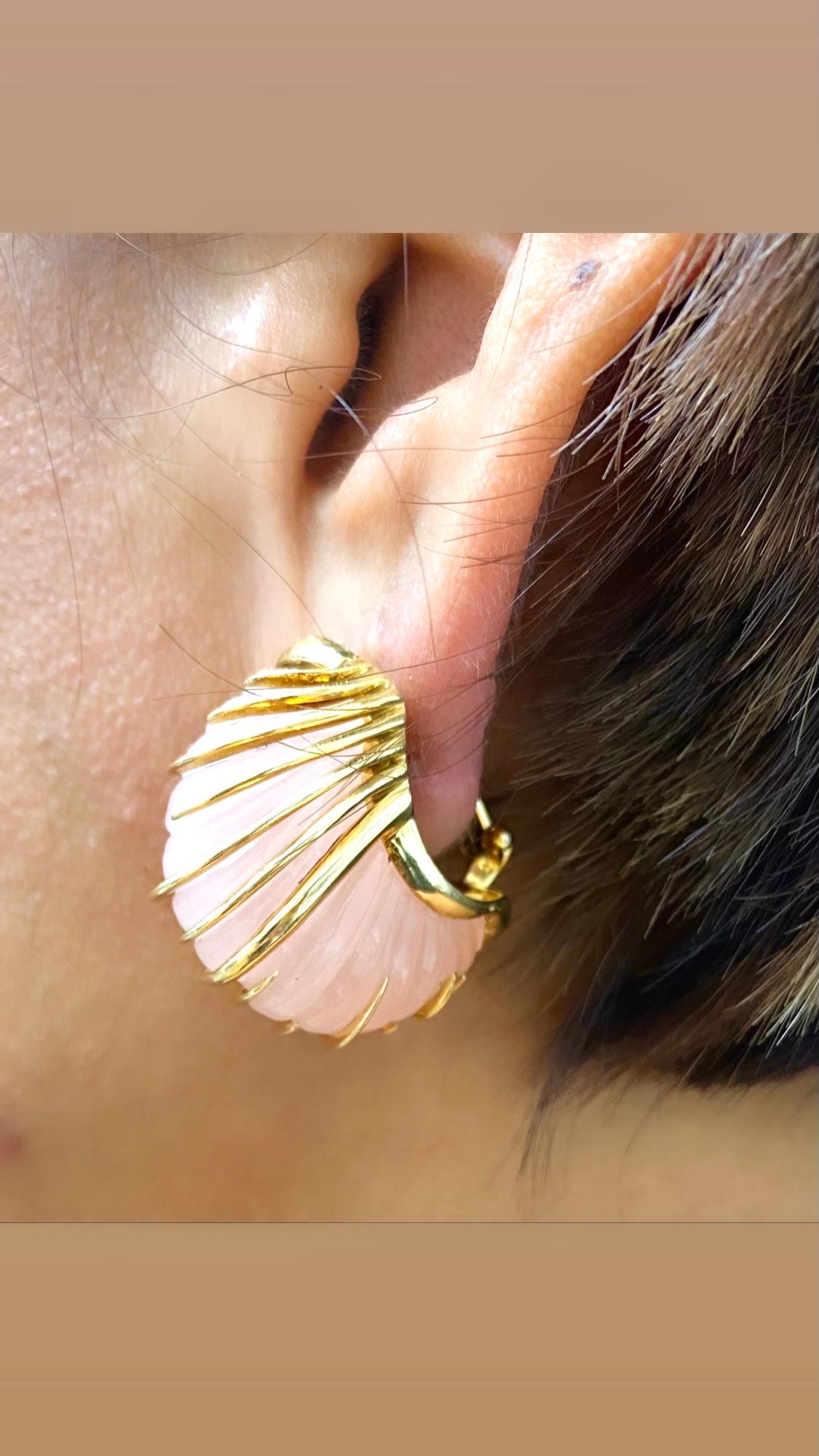 Women's Van Cleef & Arpels Carved Rose Quartz Earrings in 18 Karat Yellow Gold