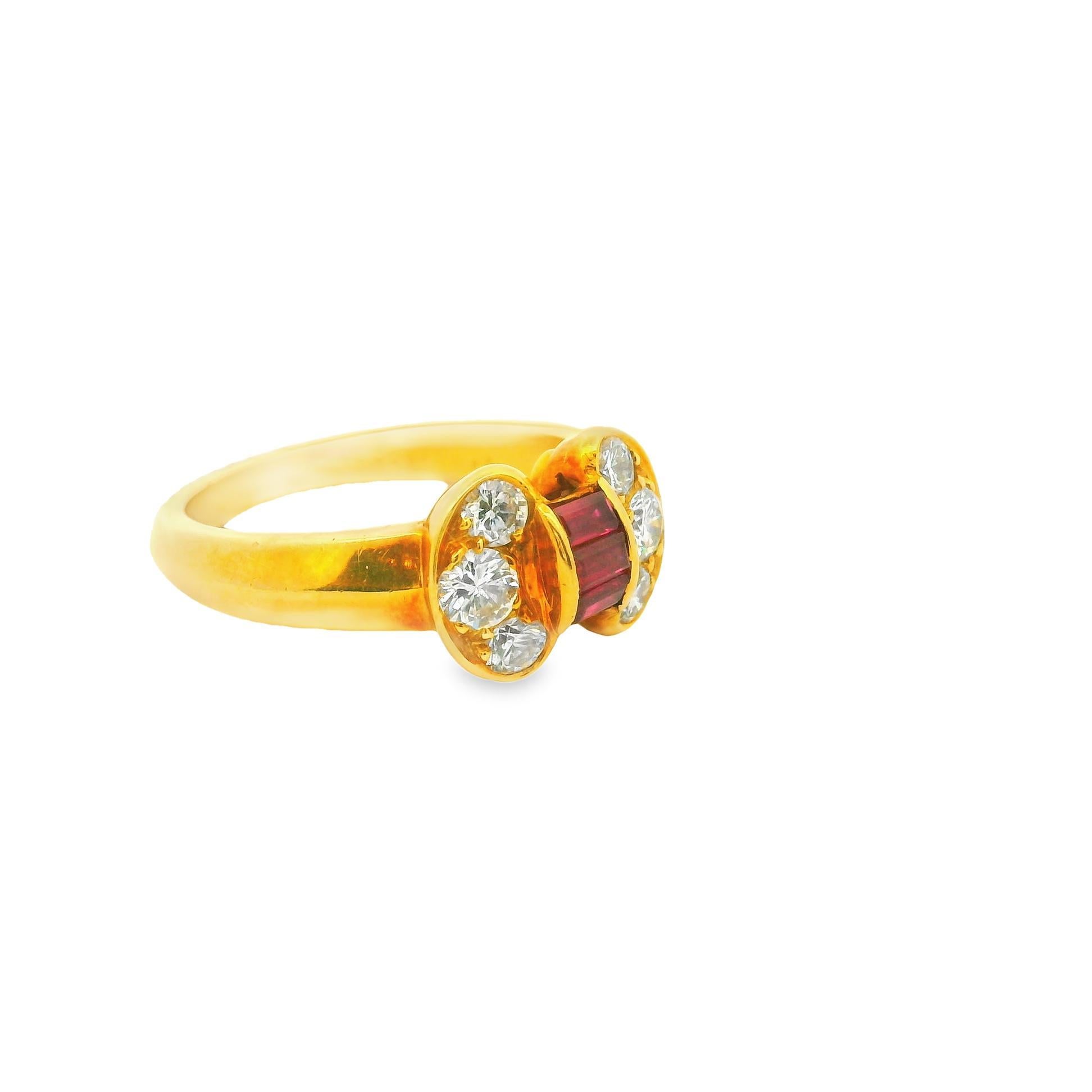 This beautiful ring was designed as a ribbon by Van Cleef & Arpels. It is part of their Celestial collection wherein three baguette rubies are in center while six brilliant round brilliant-cut diamonds are attached in both sides. Made in 18k yellow