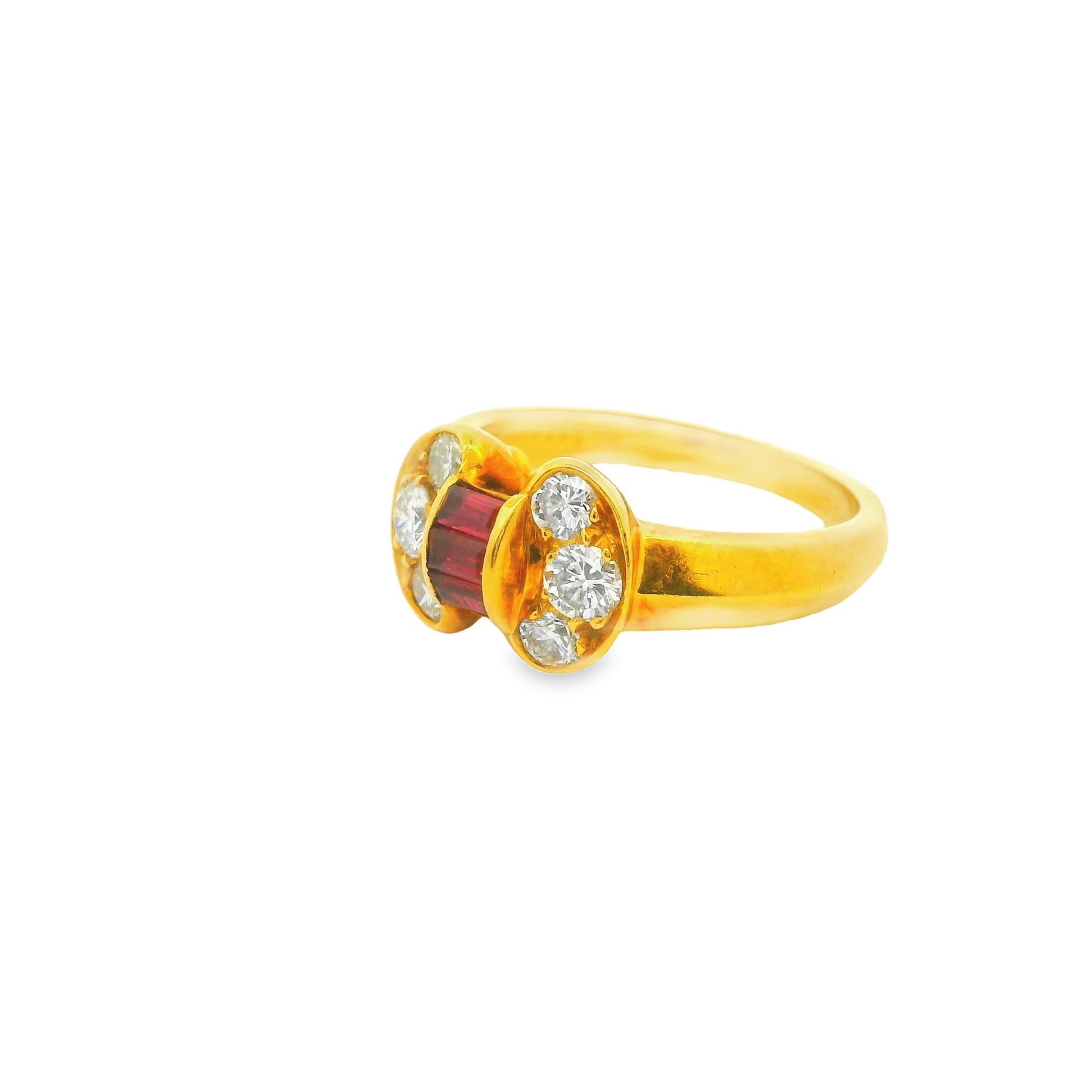 Baguette Cut Van Cleef & Arpels Celestial Ruby Diamond 18k Yellow Gold Ring For Sale