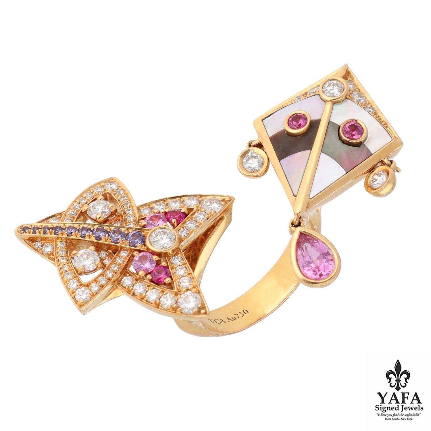 Capturing the whimsical allure of two kites in flight, each adorned with diamonds, sapphires, mother-of-pearl and abalone plaque thus displaying the essence of sunlight. 18K Rose gold showcasing 61 round diamonds and 16 multi-colored