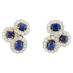 Van Cleef & Arpels Ceylon Sapphire Cabochon & Diamond Earclips, Signed