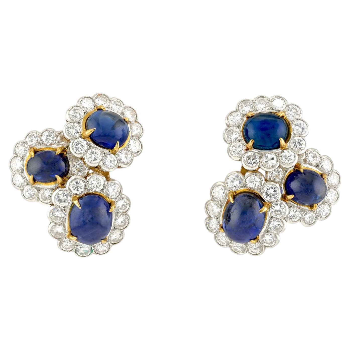 Van Cleef & Arpels Ceylon Sapphire Cabochon & Diamond Earclips, Signed For Sale