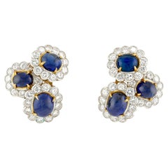 Van Cleef & Arpels Ceylon Sapphire Cabochon & Diamond Earclips, Signed