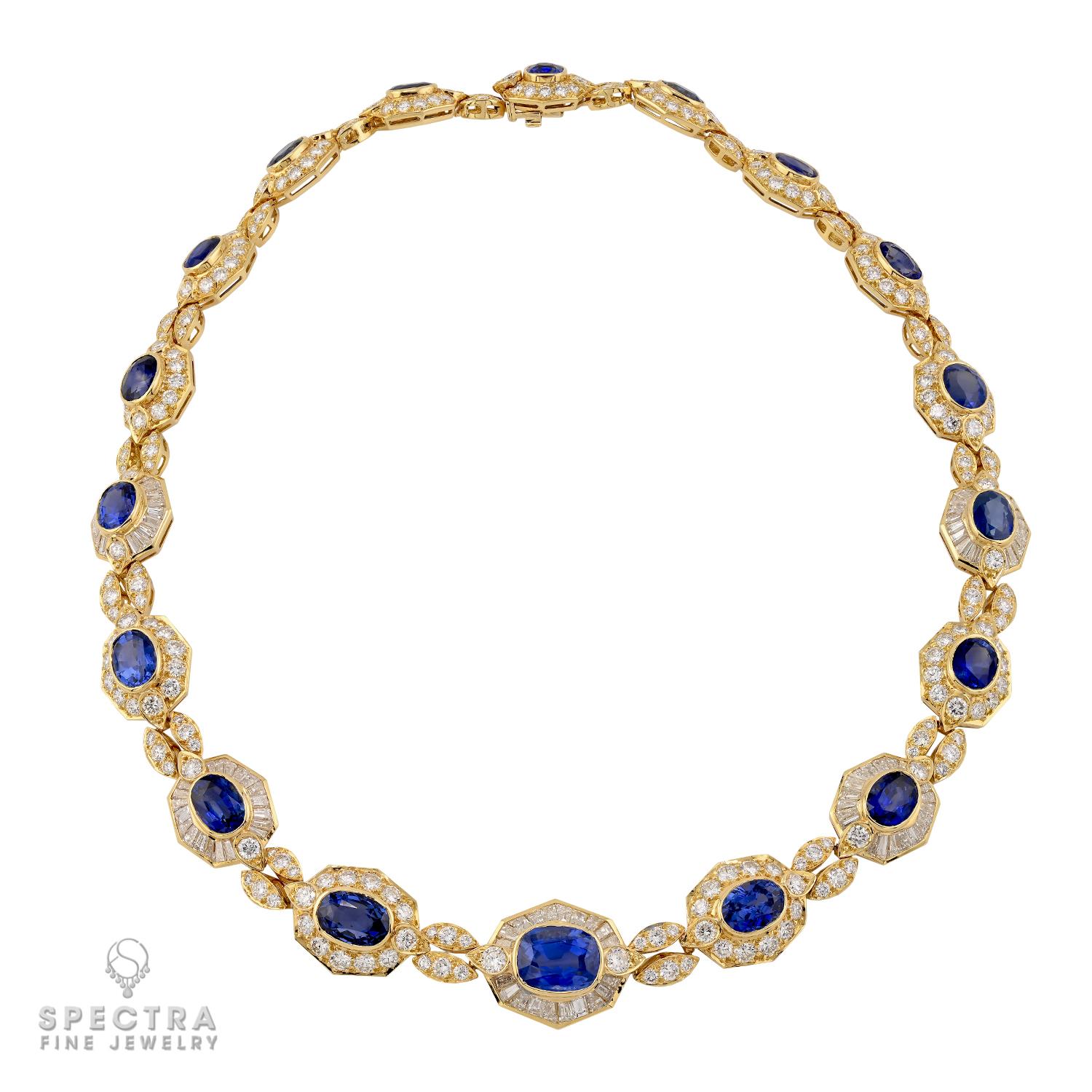 A breathtaking creation from Van Cleef & Arpels, this sapphire and diamond necklace from 1983 exudes timeless sophistication. Showcasing approximately 40 to 42 carats of exquisite oval-cut sapphires — predominantly from Ceylon, with six unheated