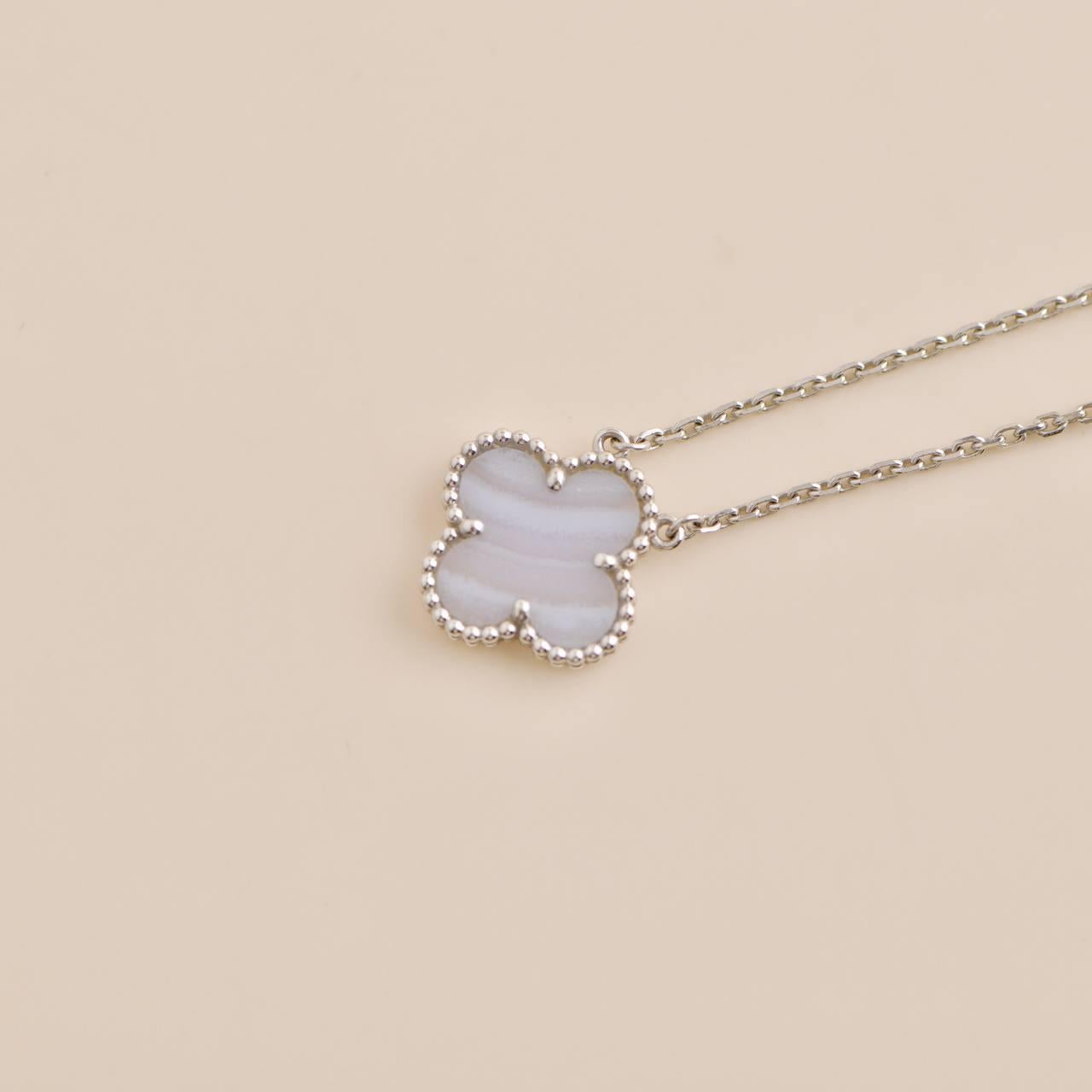 Uncut Van Cleef & Arpels Chalcedony White Gold Vintage Alhambra Pendant Necklace