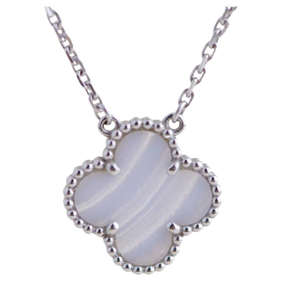 Van Cleef & Arpels Chalcedony White Gold Vintage Alhambra Pendant Necklace For Sale