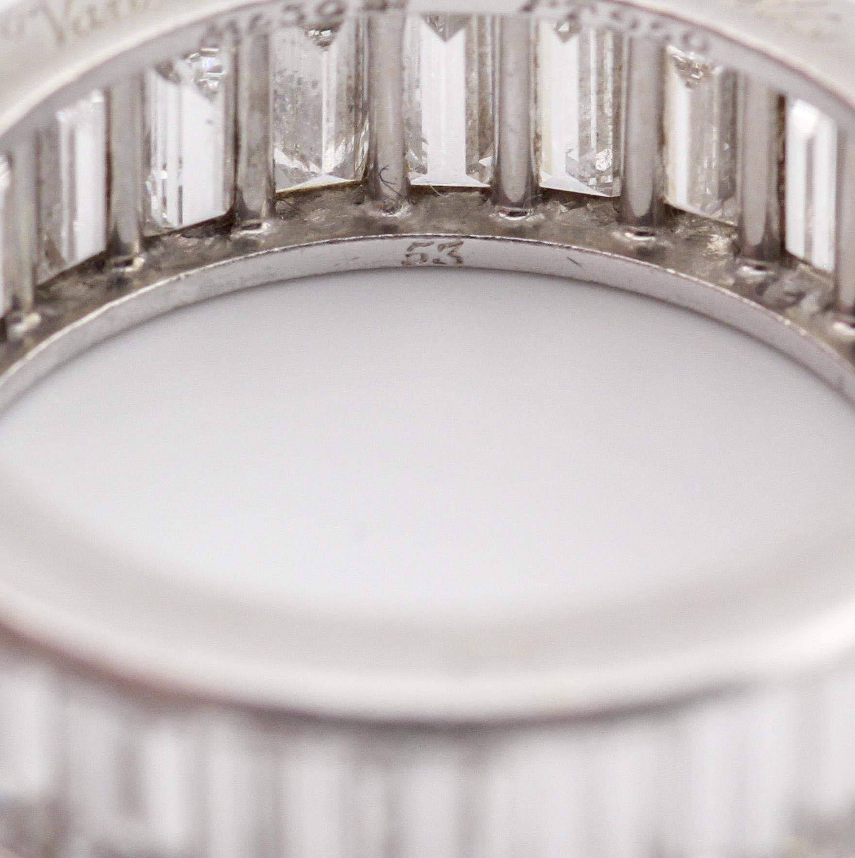 Women's Van Cleef & Arpels Channel Set Baguette Diamond Platinum 6mm Band Ring Size 6.25 For Sale