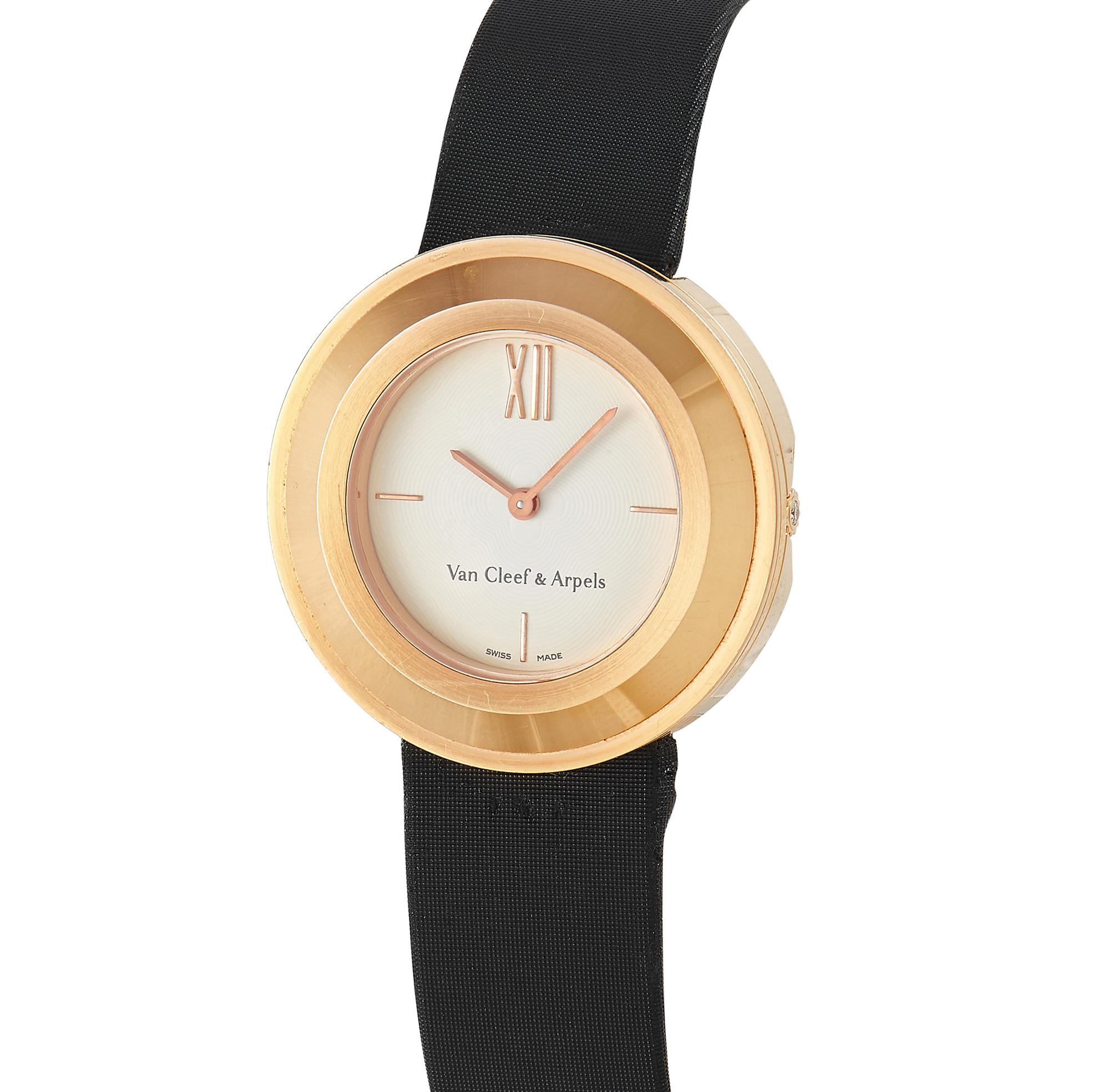 The Van Cleef & Arpels Charms Watch, reference number HH70728, is a subtle piece that will instantly make any ensemble more elegant.

This understated design pairs an opulent 25mm circular case crafted from 18K Rose Gold with a black satin watch