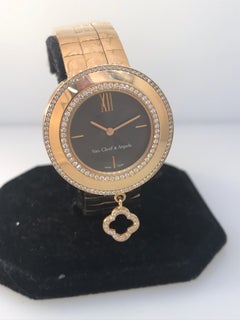 Van Cleef & Arpels Charms Rose Gold Diamond Bezel Brown Dial Bracelet Watch New