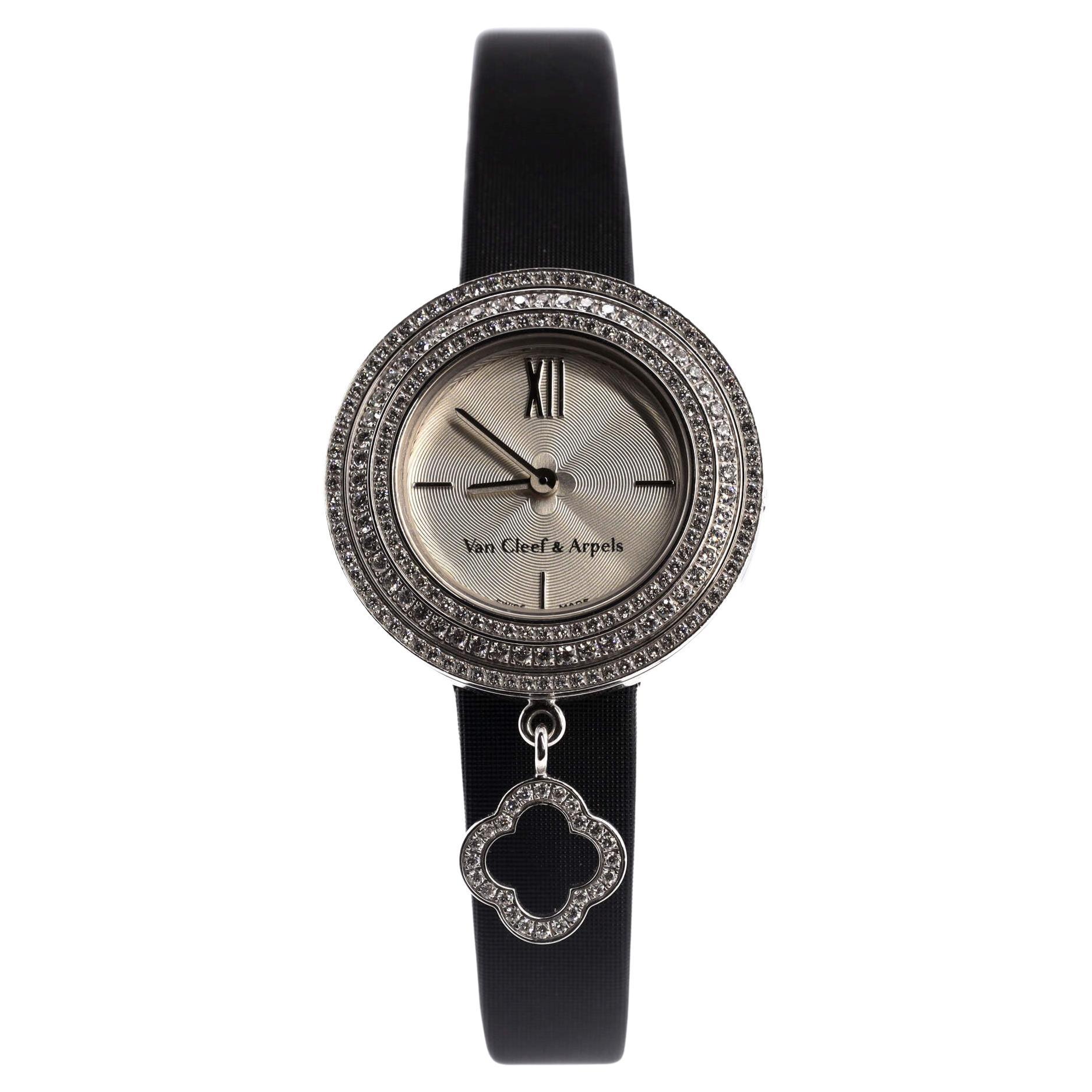 Van Cleef and Arpels Charms Three Row Quartz Watch White Gold and Satin