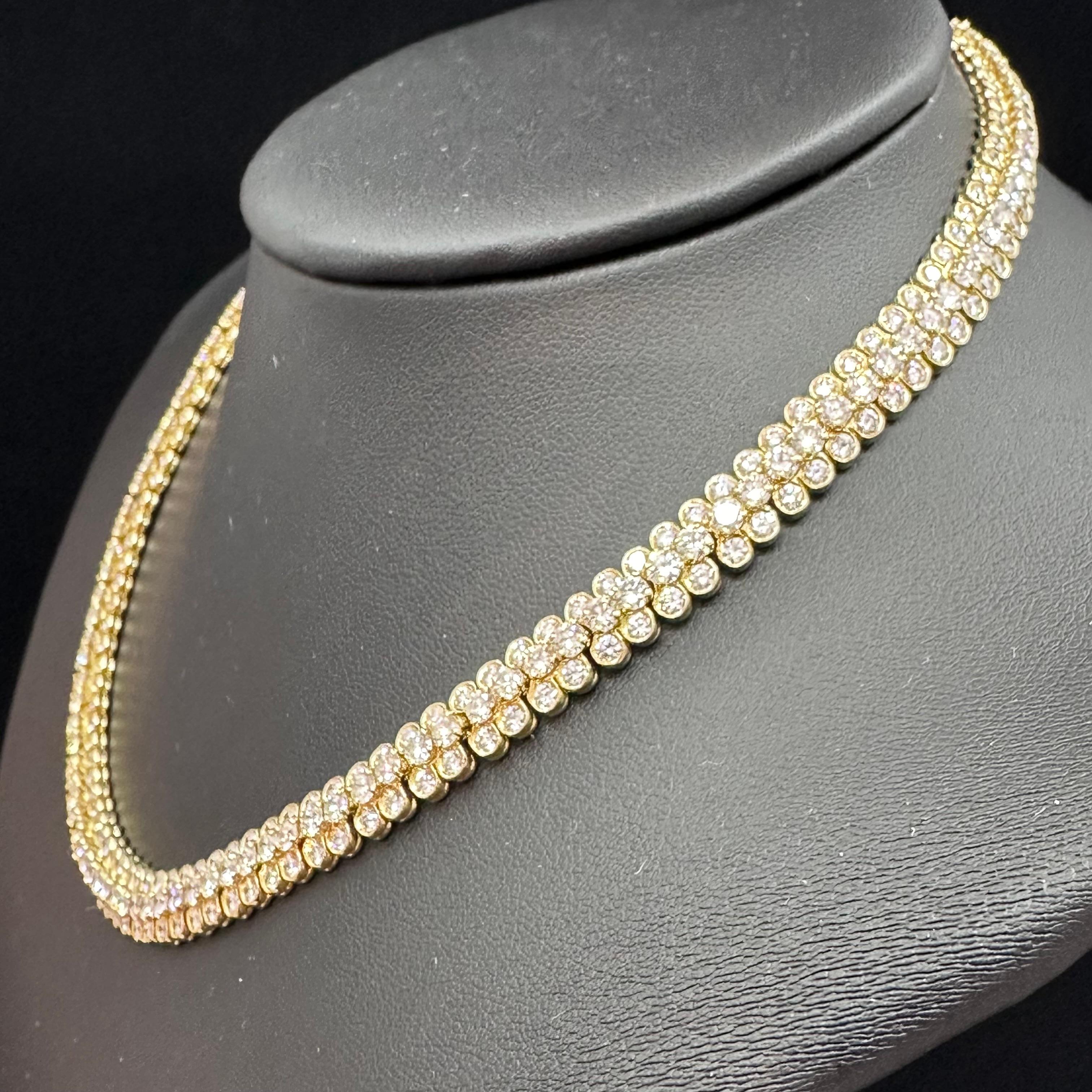 Van Cleef and Arpels Cheval 3 Row Diamond Yellow Gold Necklace, Estimated 25 Cts Total Weight of Fine D-E Color and VVS clarity.
Signed Van Cleef & Arpels NY 55xxx

About
Revealed in all their radiant purity, diamonds captivate the eye in the À