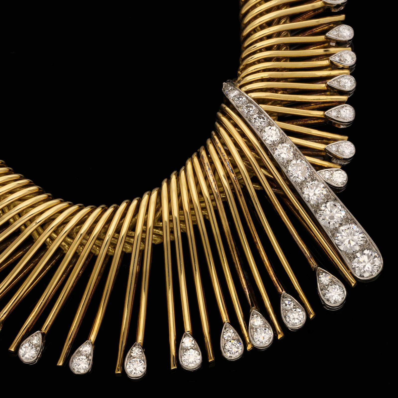 A beautiful Cheveaux D’Ange gold and diamond necklace by Van Cleef & Arpels 1954, designed as a highly flexible sinuous row of 18ct yellow gold ‘angel hair’ threads tapering down in length from front to back, on the front half of the necklace each