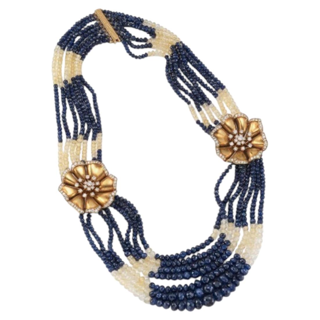 Van Cleef & Arpels choker 18k gold diamonds flowers and blue, yellow sapphires For Sale