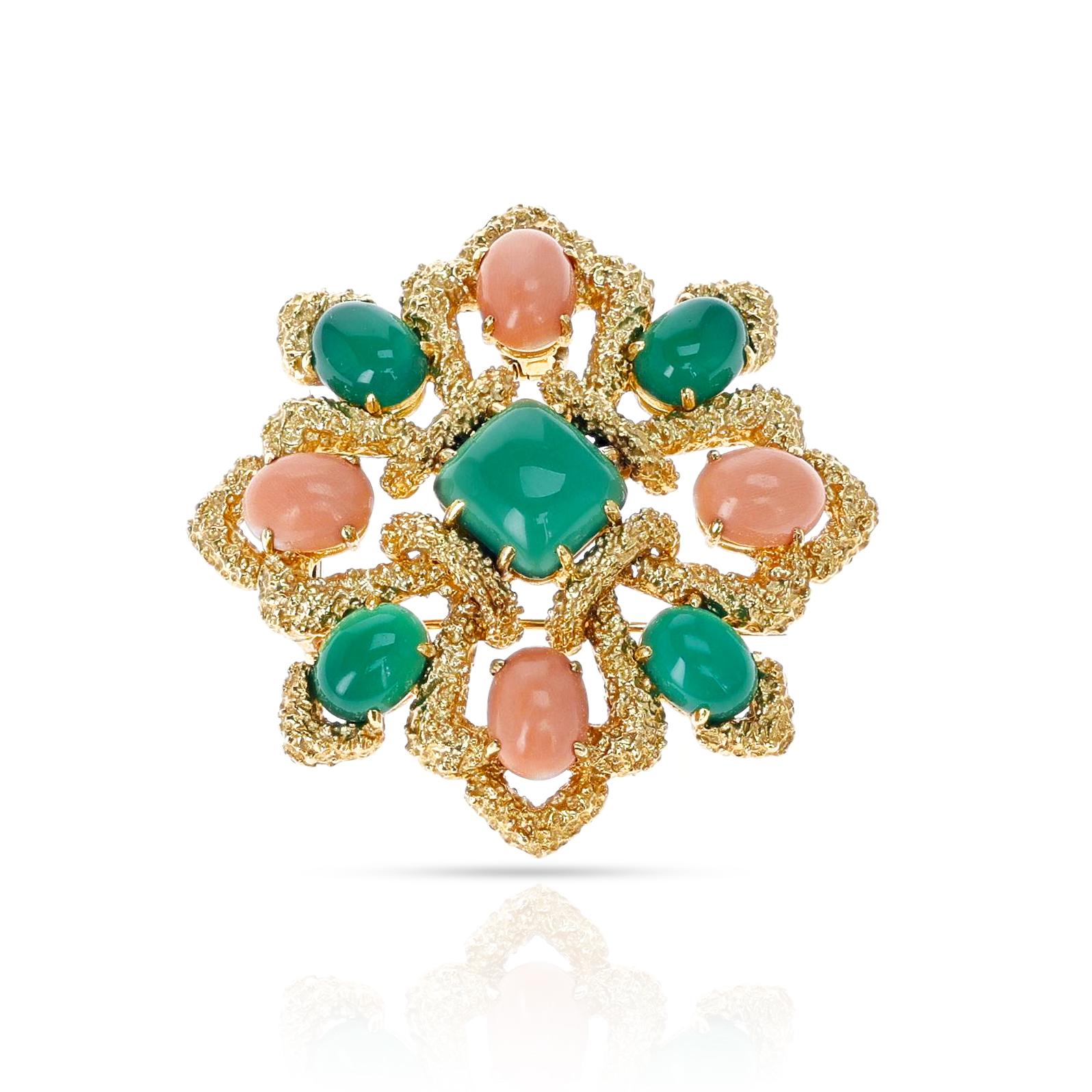 A magnificent Van Cleef & Arpels Chrysoprase and Coral Cabochon Brooch made in18K Yellow Gold. The total weight of the brooch is 61 grams.
